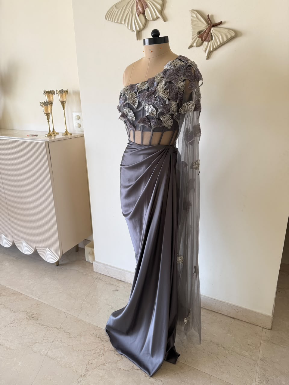 One side off shoulder satin gown with 3D leaf embroidery