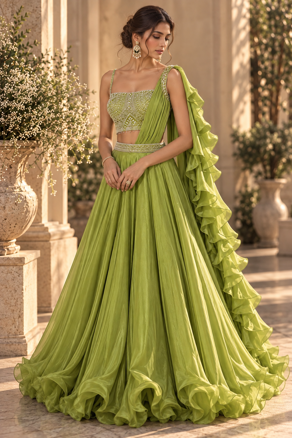 Parrot Green Draped Lehenga
