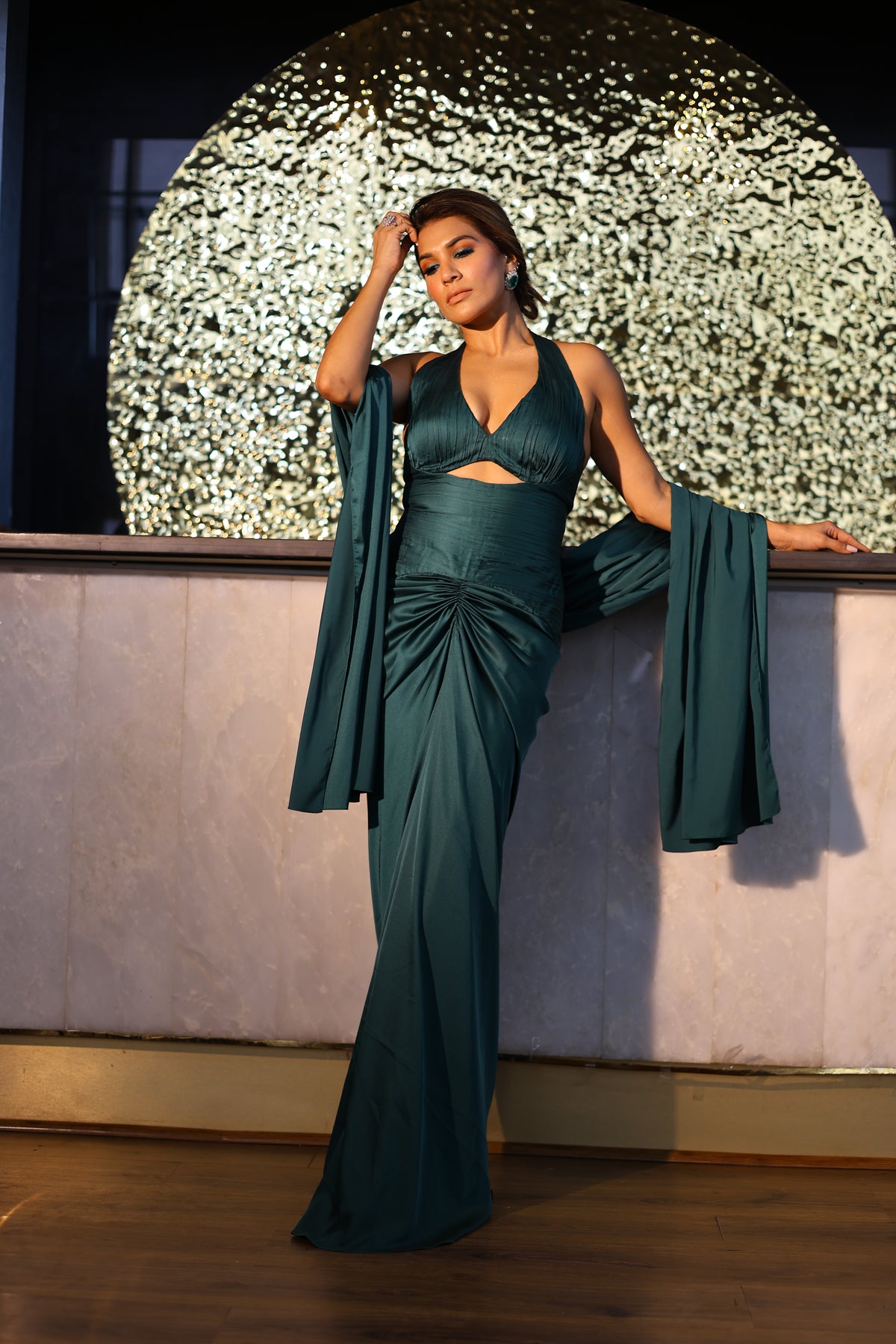 Bottle Green Rushed Gown in Satin with Stole