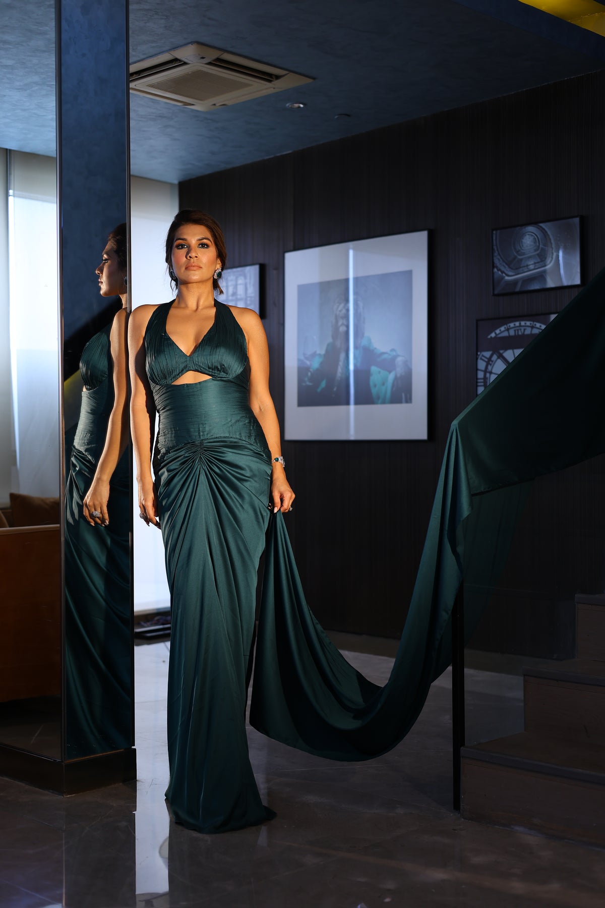 Bottle Green Rushed Gown in Satin with Stole