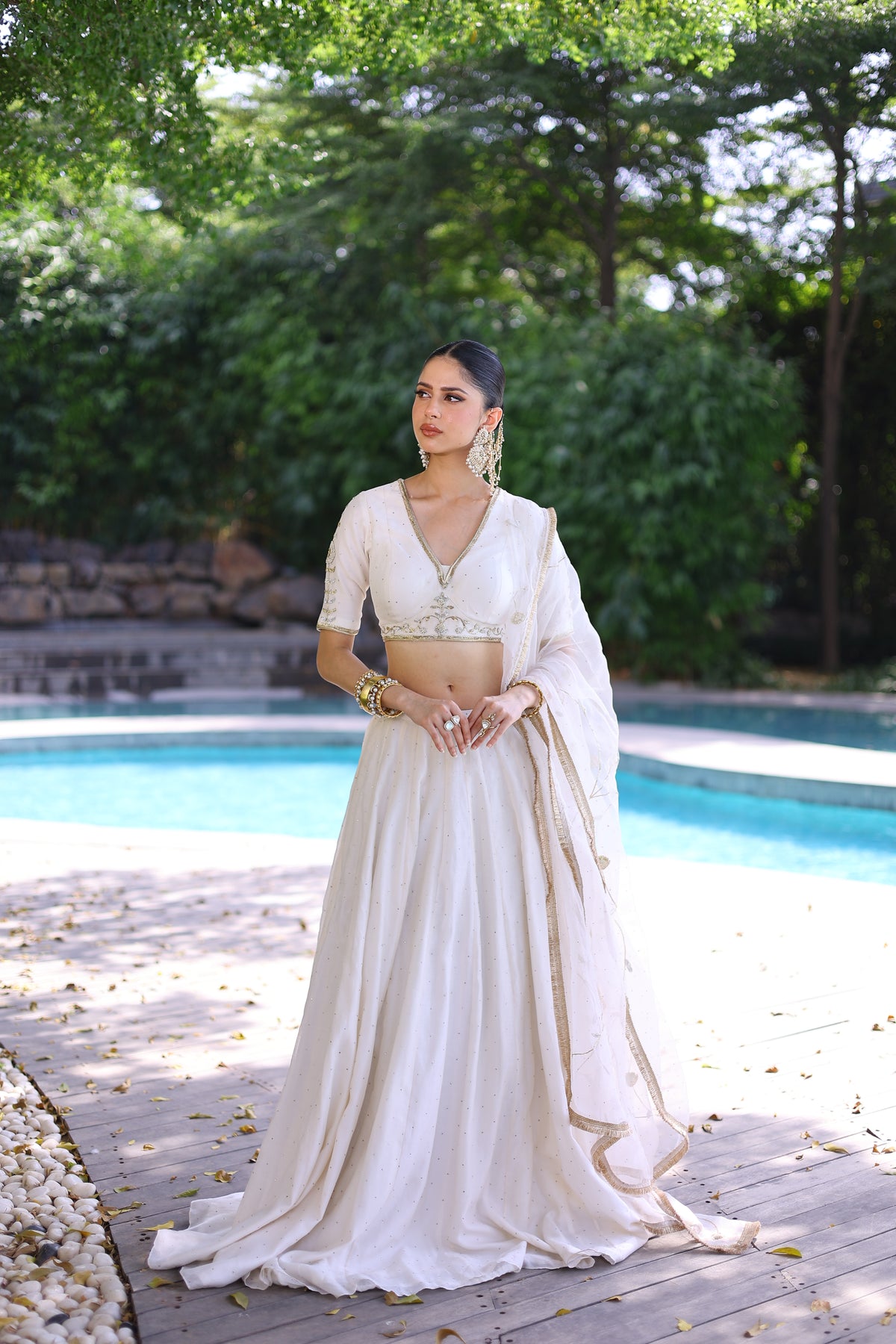 Ivory Chanderi Mukaish Lehenga and Pure Organza Dupatta with Pitta Embroidery