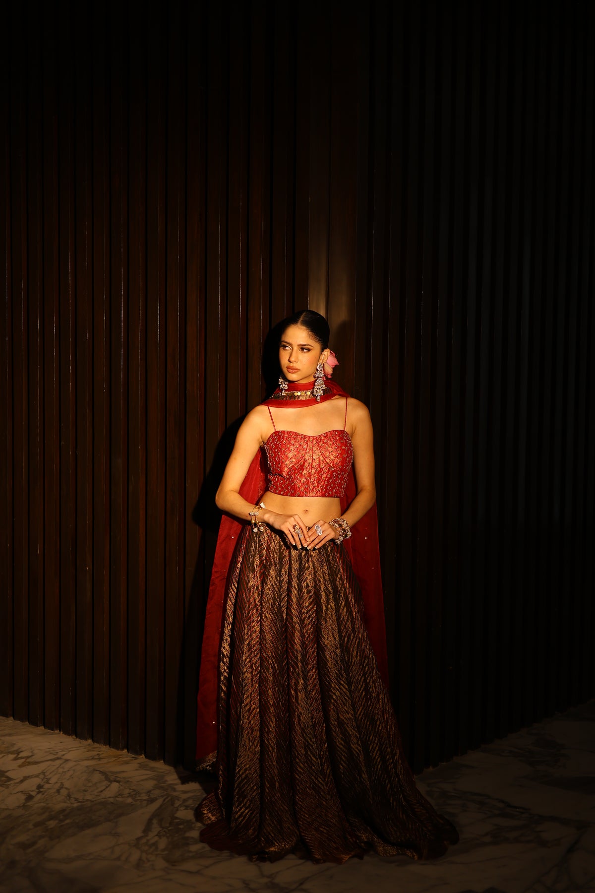 Crushed Tissue Tie Dye Lehenga with Brocade Corset and pure organza dupatta