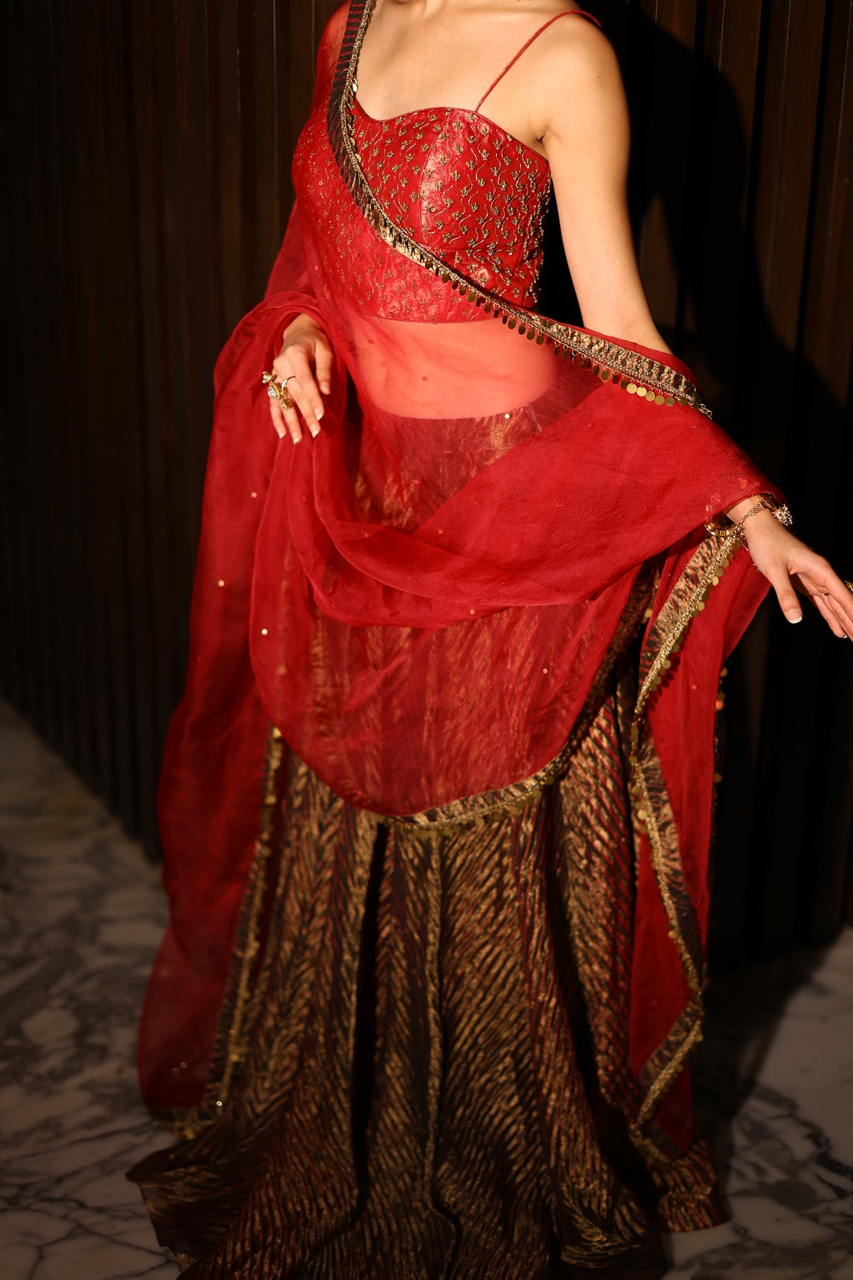 Crushed Tissue Tie Dye Lehenga with Brocade Corset and pure organza dupatta