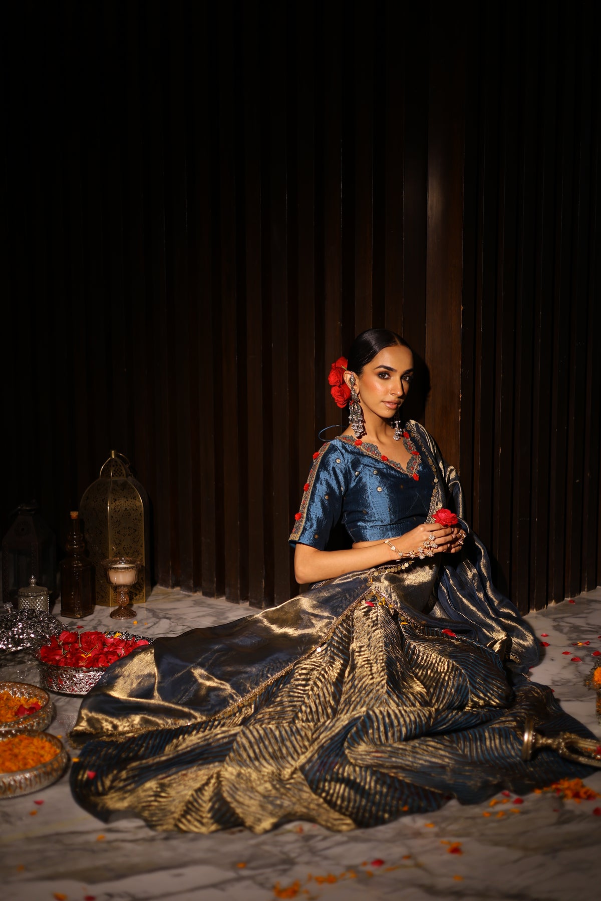 Crushed Tissue Tie Dye Lehenga with Brocade Blouse with organza tissue dupatta