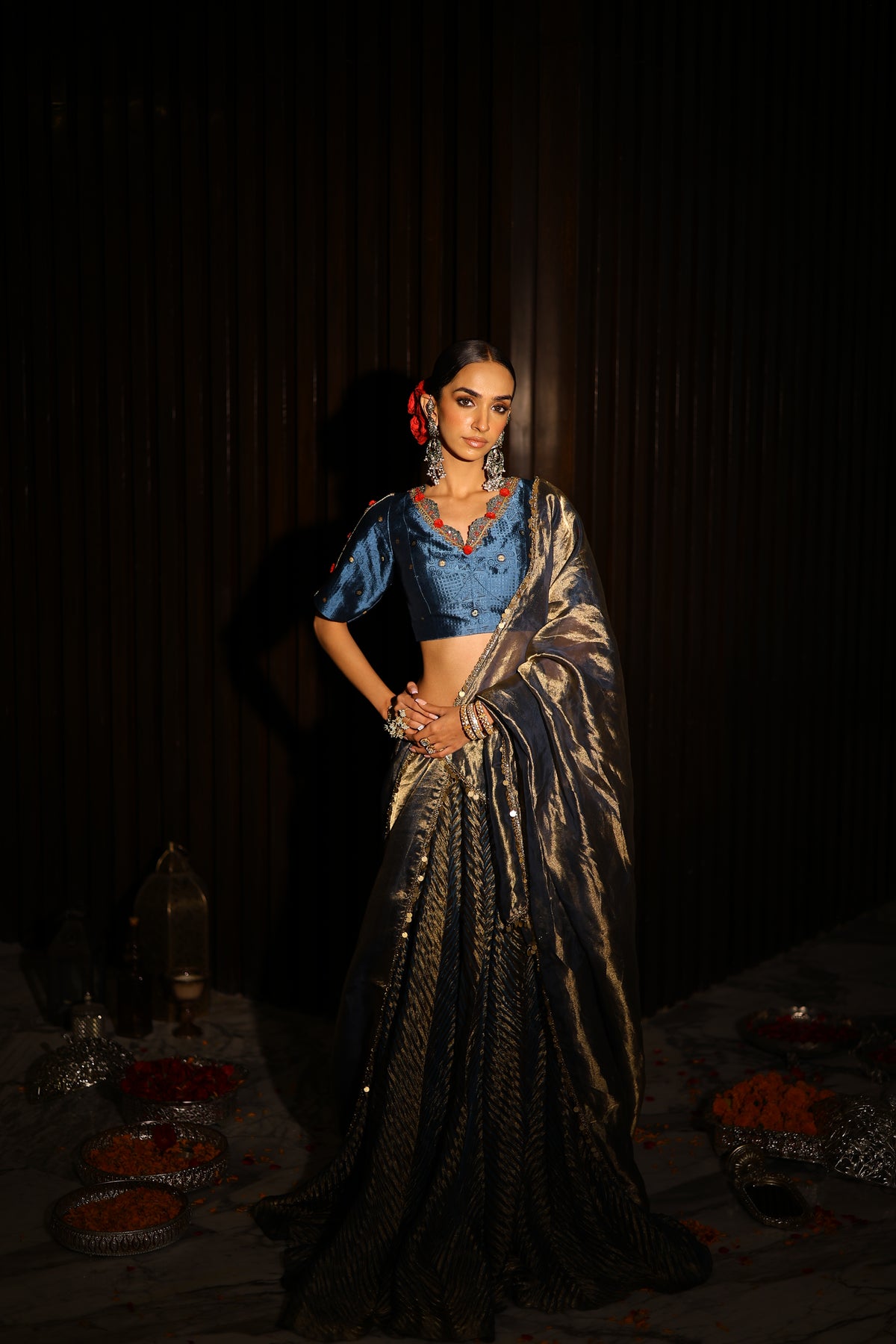 Crushed Tissue Tie Dye Lehenga with Brocade Blouse with organza tissue dupatta