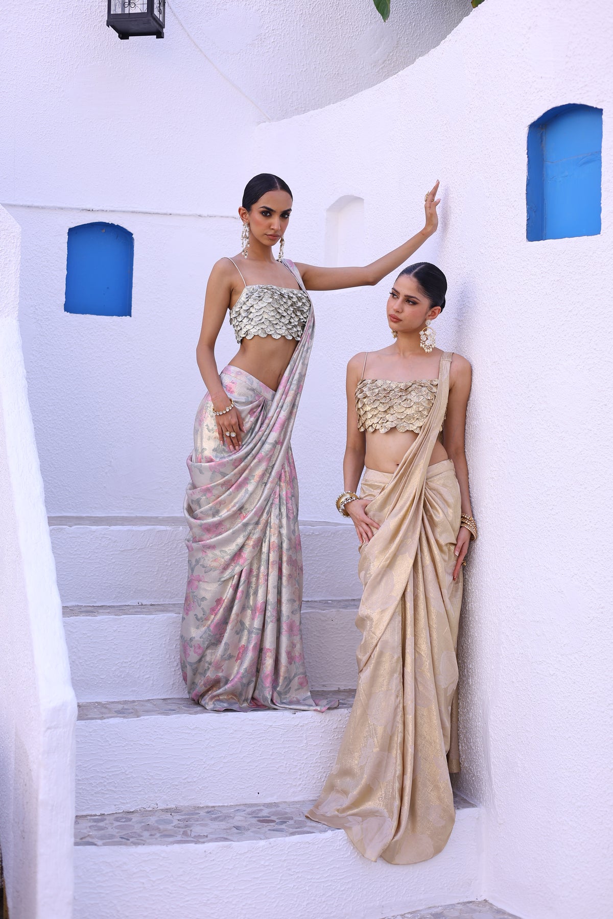 Printed Foil Crepe Draped Saree with Gota Flower Embroidered Blouse