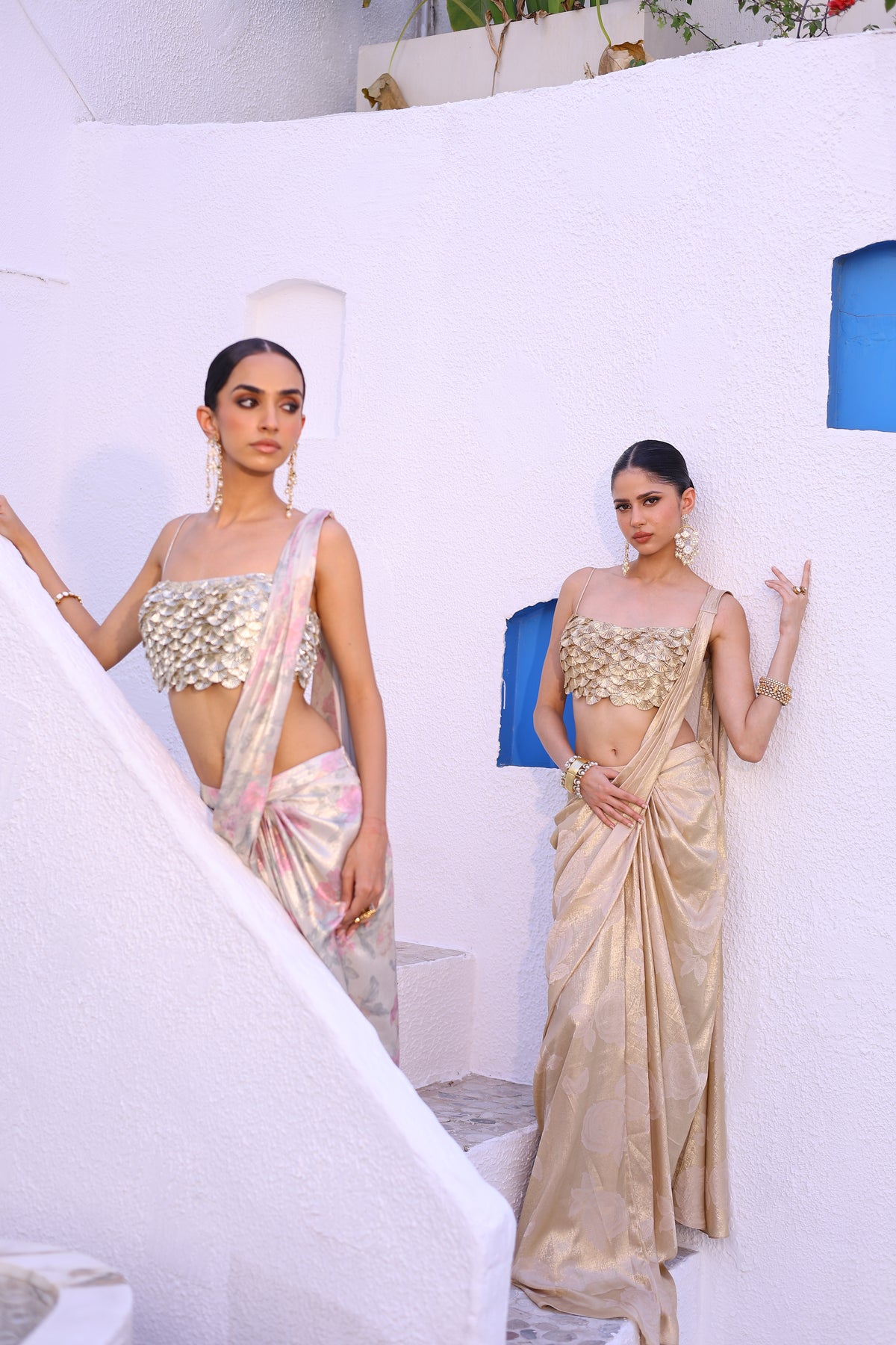 Printed Foil Crepe Draped Saree with Gota Flower Embroidered Blouse