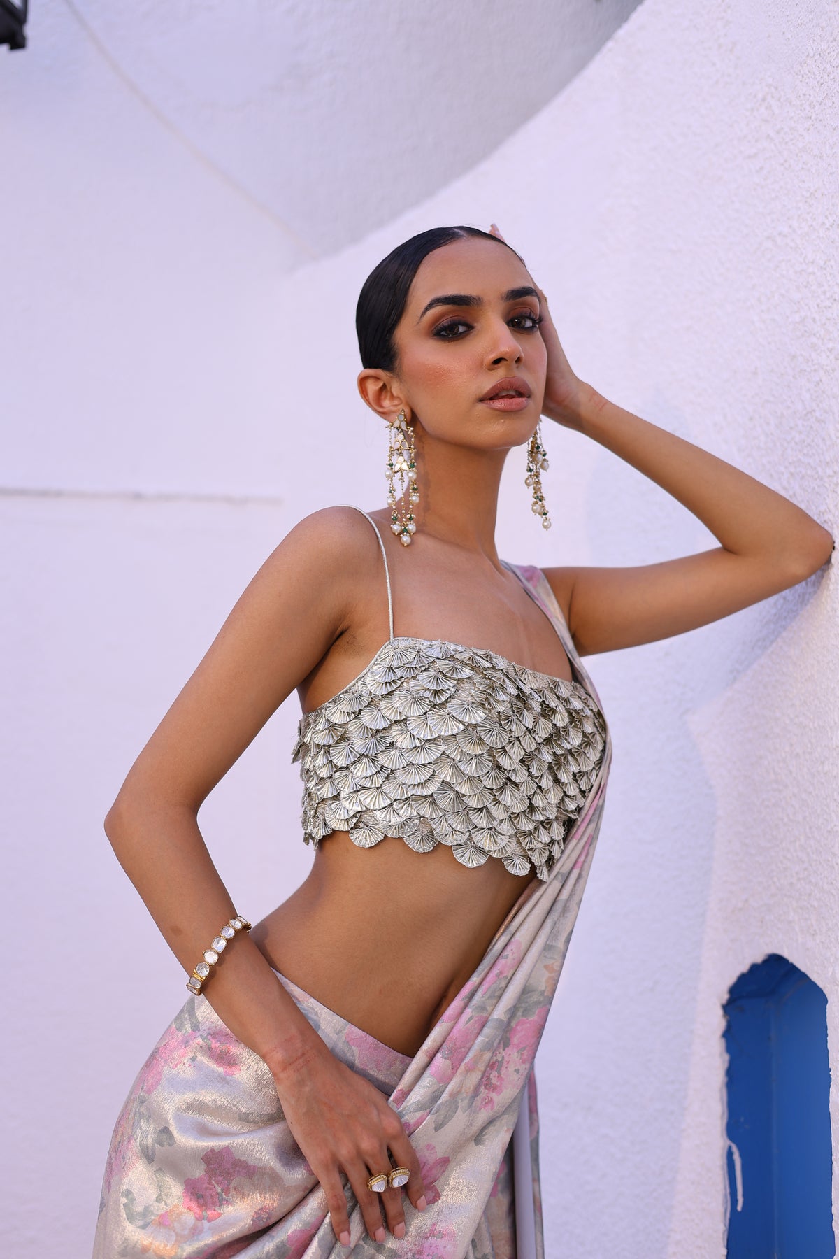 Printed Foil Crepe Draped Saree with Gota Flower Embroidered Blouse