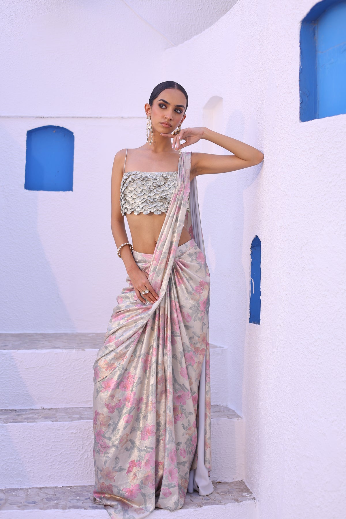 Printed Foil Crepe Draped Saree with Gota Flower Embroidered Blouse