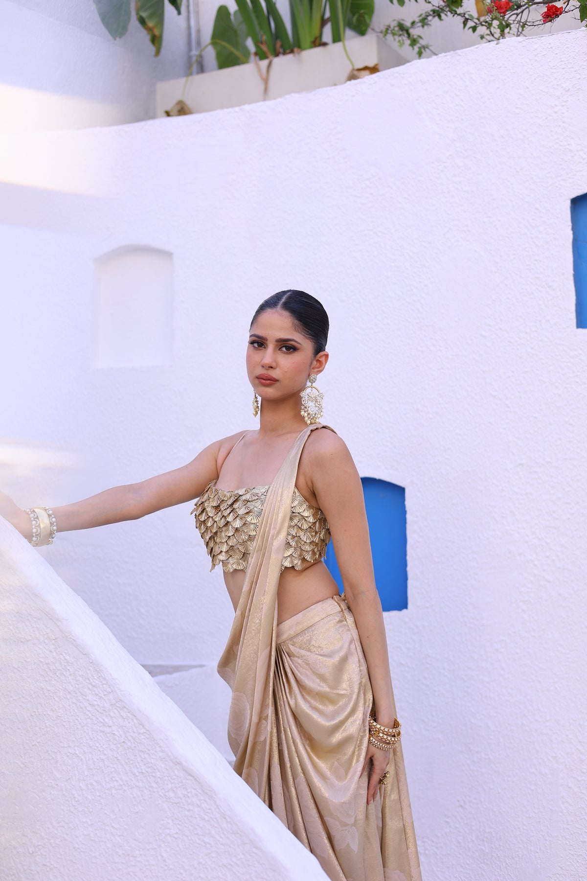 Printed Foil Crepe Draped Saree with Gota Flower Embroidered Blouse