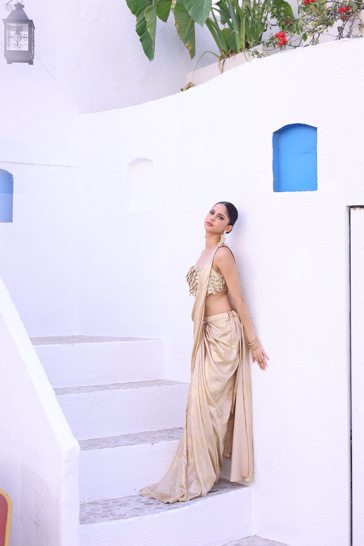 Printed Foil Crepe Draped Saree with Gota Flower Embroidered Blouse