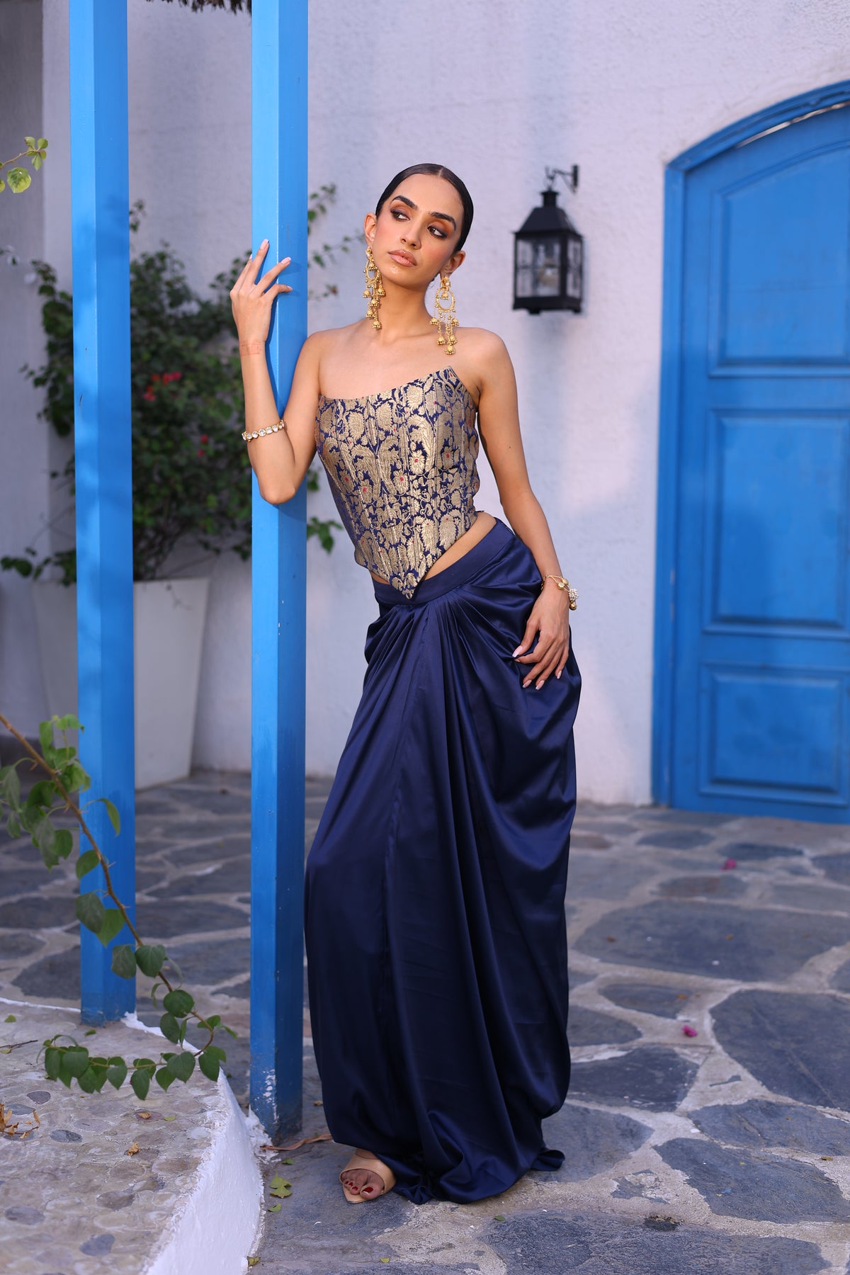 Deep Blue Brocade Corset with Draped Skirt