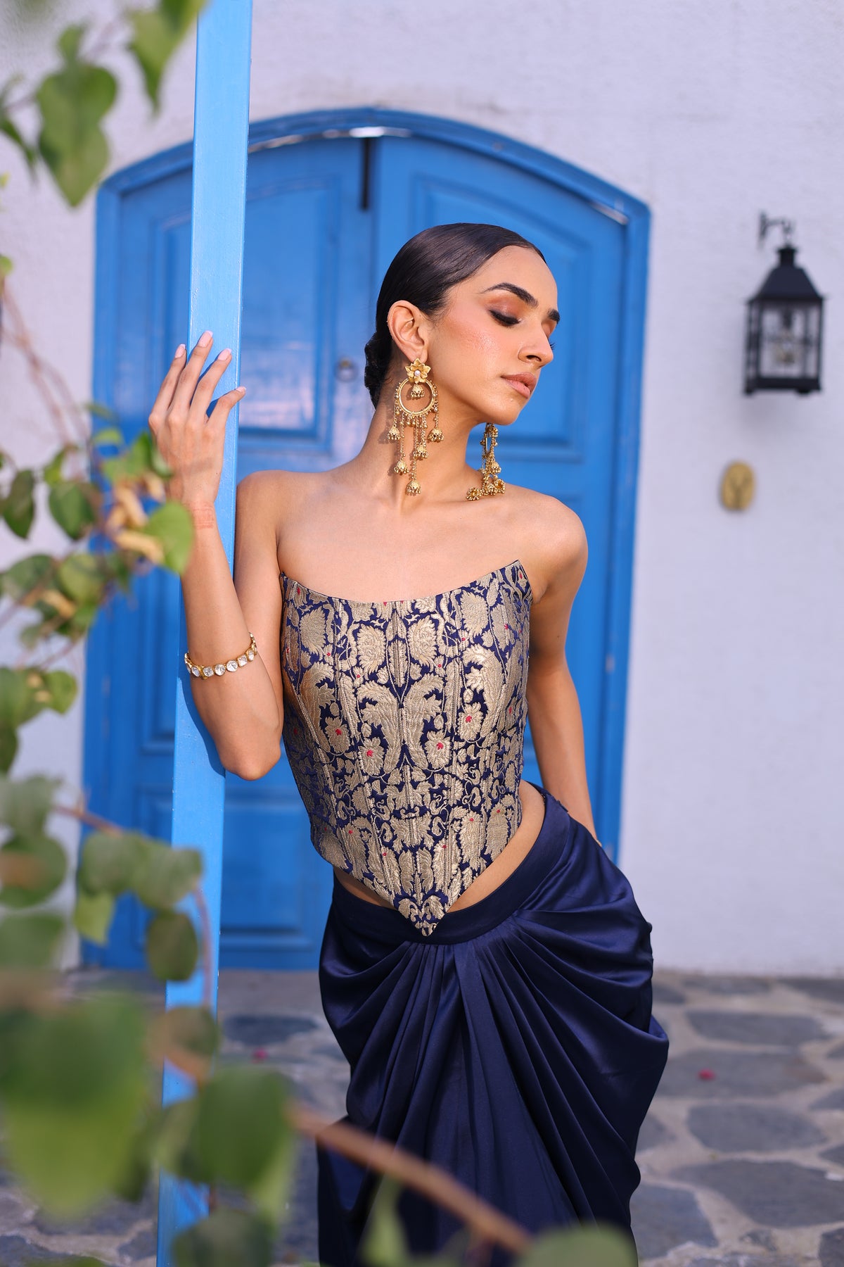 Deep Blue Brocade Corset with Draped Skirt