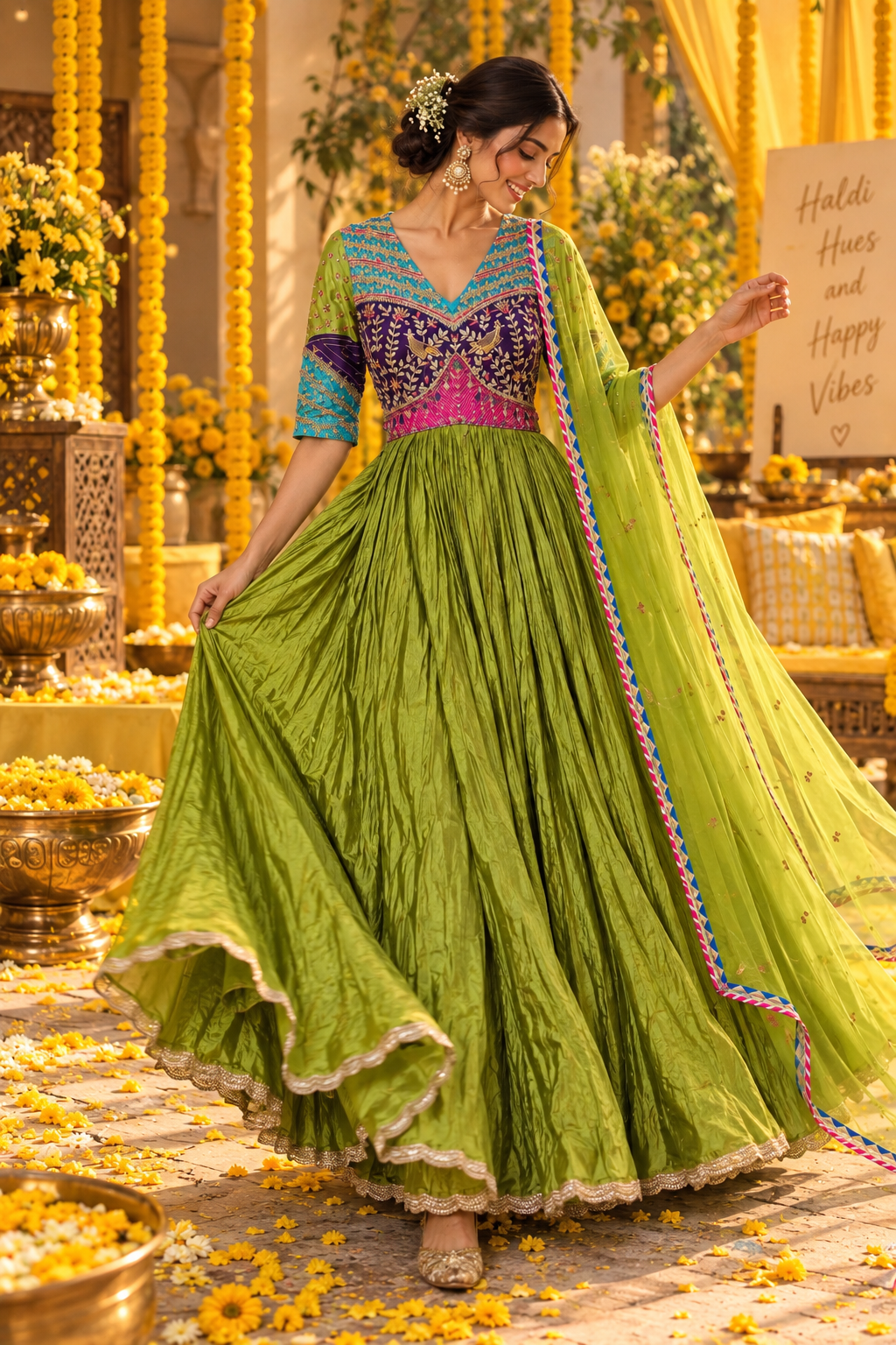 Green Crinkled Anarkali