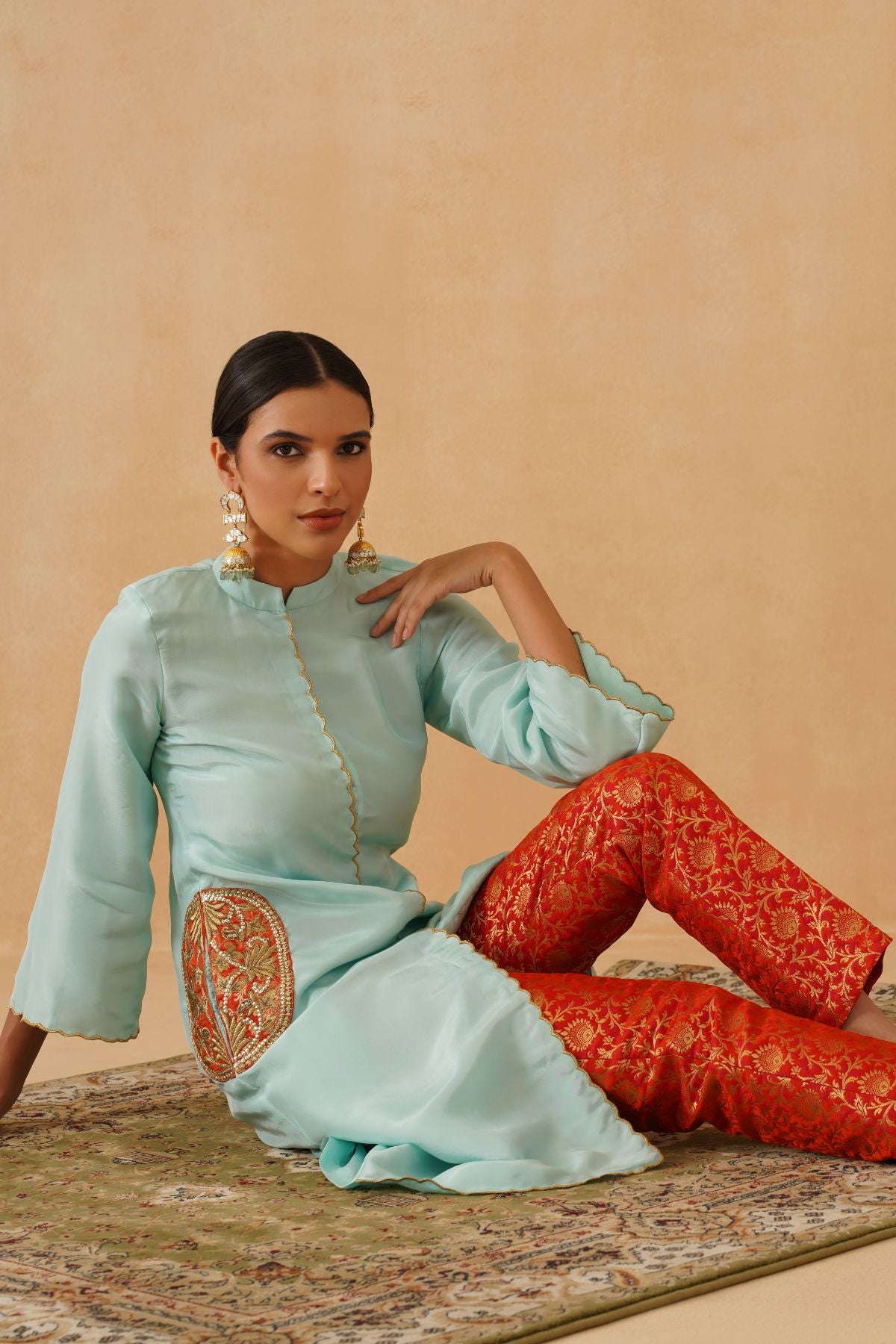 Cyan / Orange Jacket Kurta Set