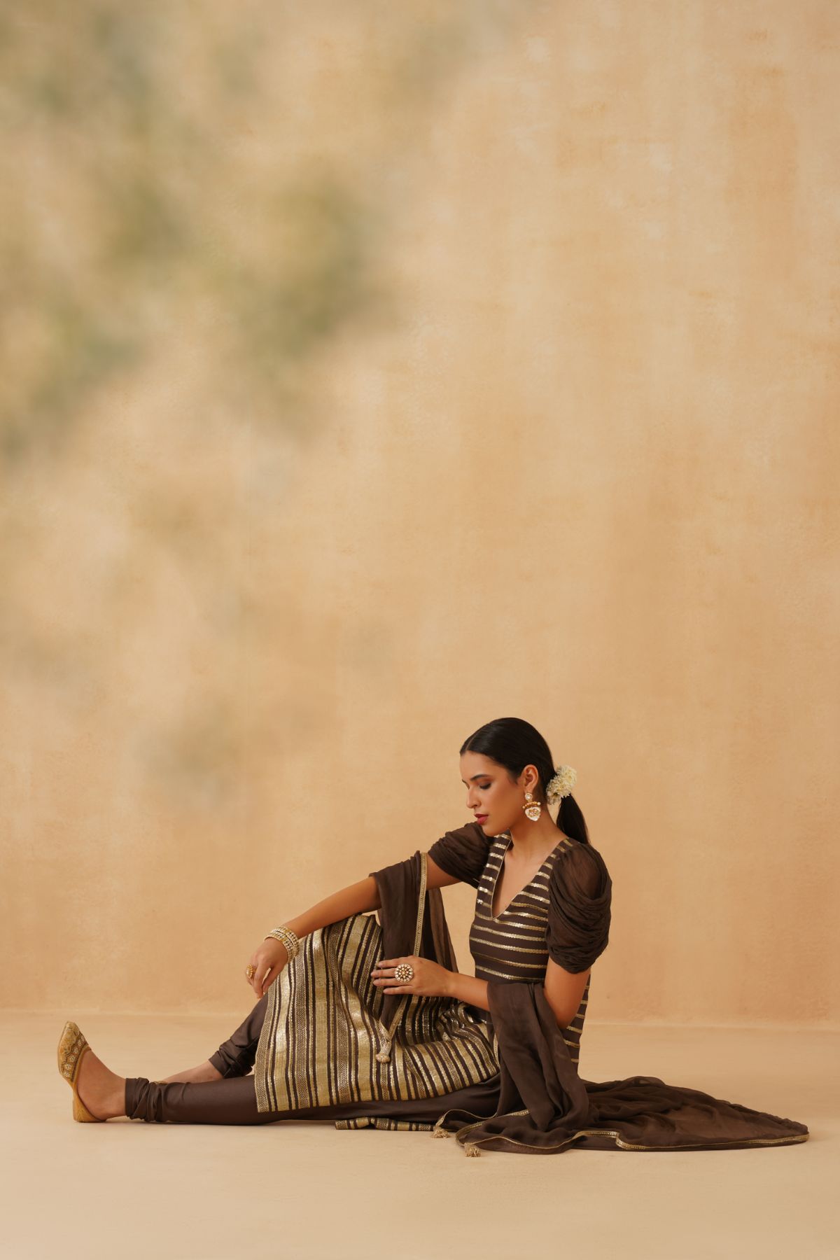 Brown /gold Suit With Cowl Sleeves