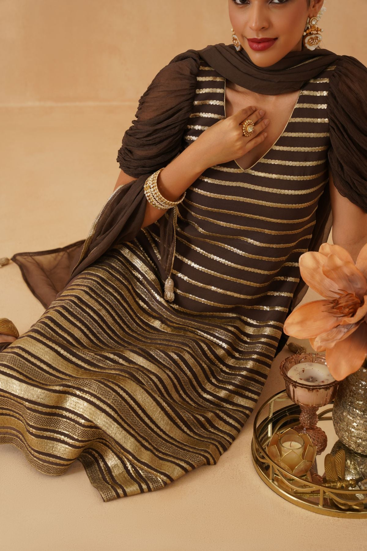 Brown /gold Suit With Cowl Sleeves