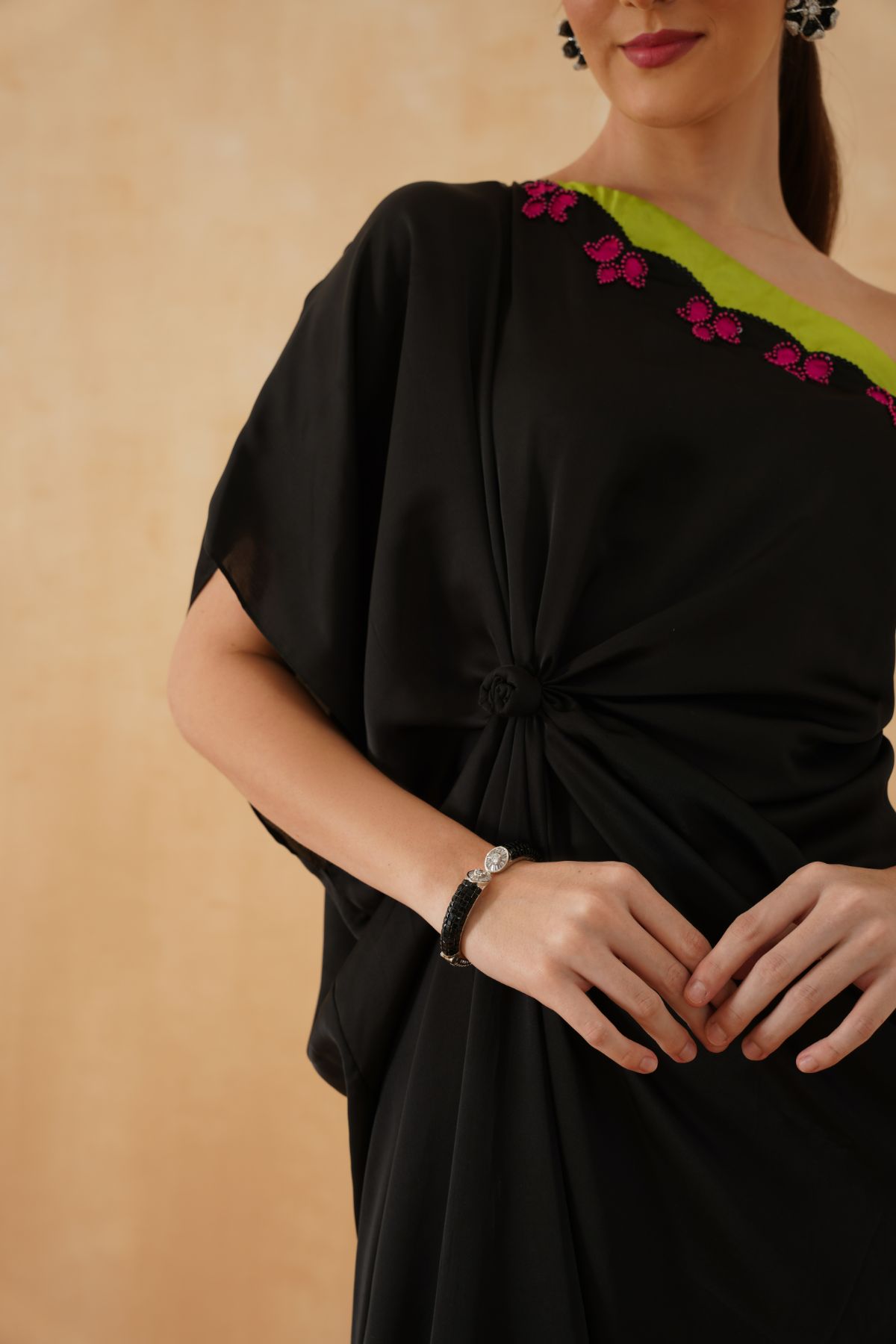 Black One Side Off Shoulder Knot Gown