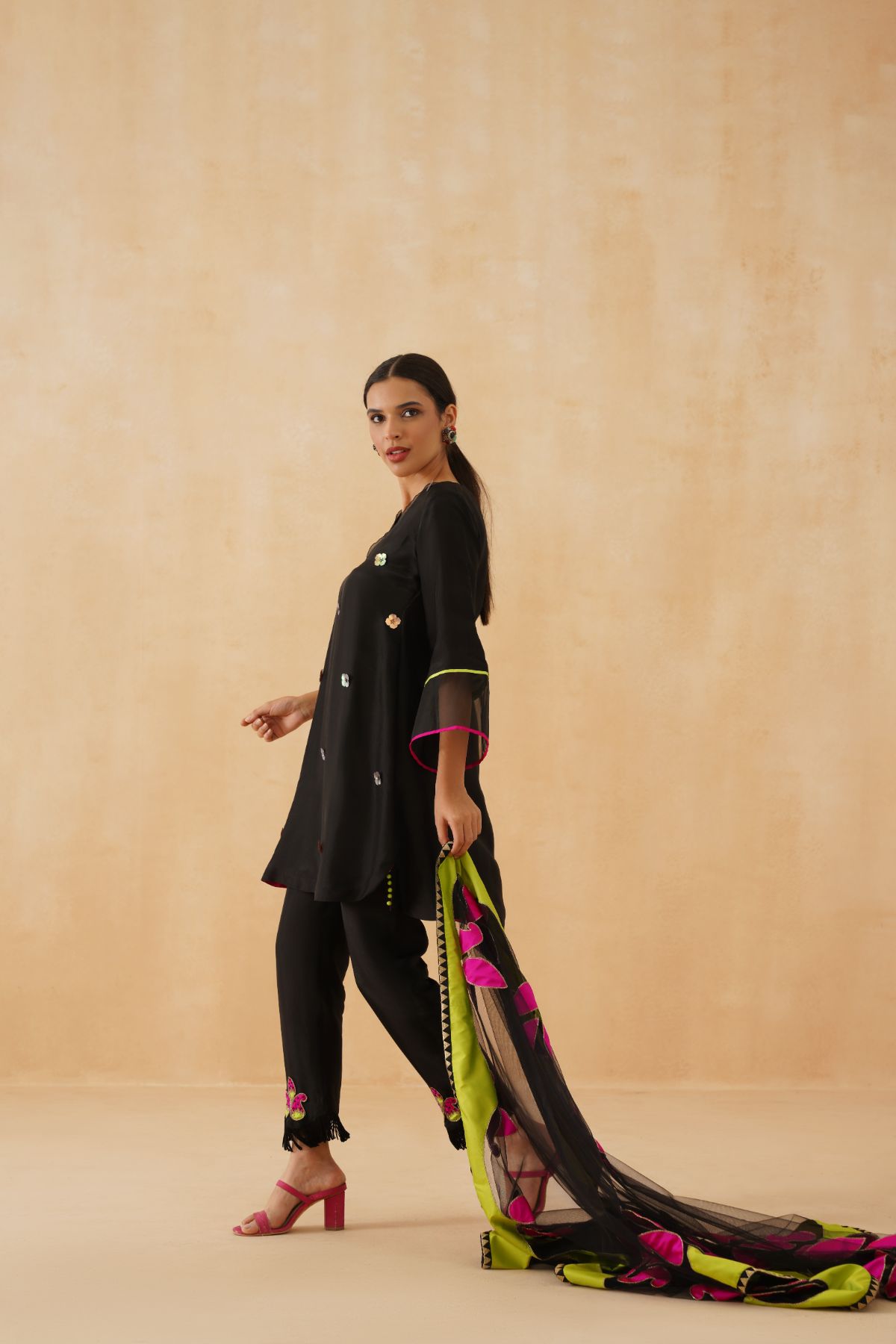 Black Tassel Kurta Set With Bright Patchwork Dupatta