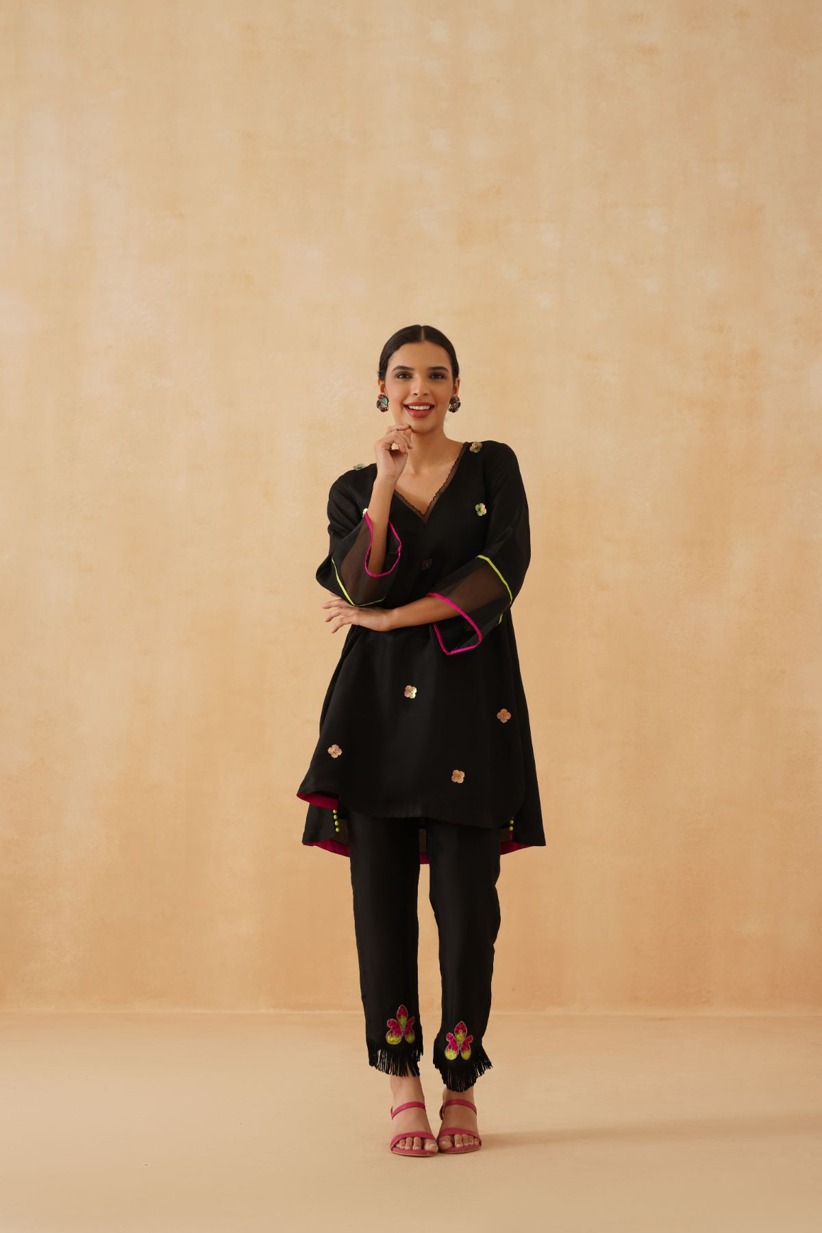 Black Tassel Kurta Set With Bright Patchwork Dupatta