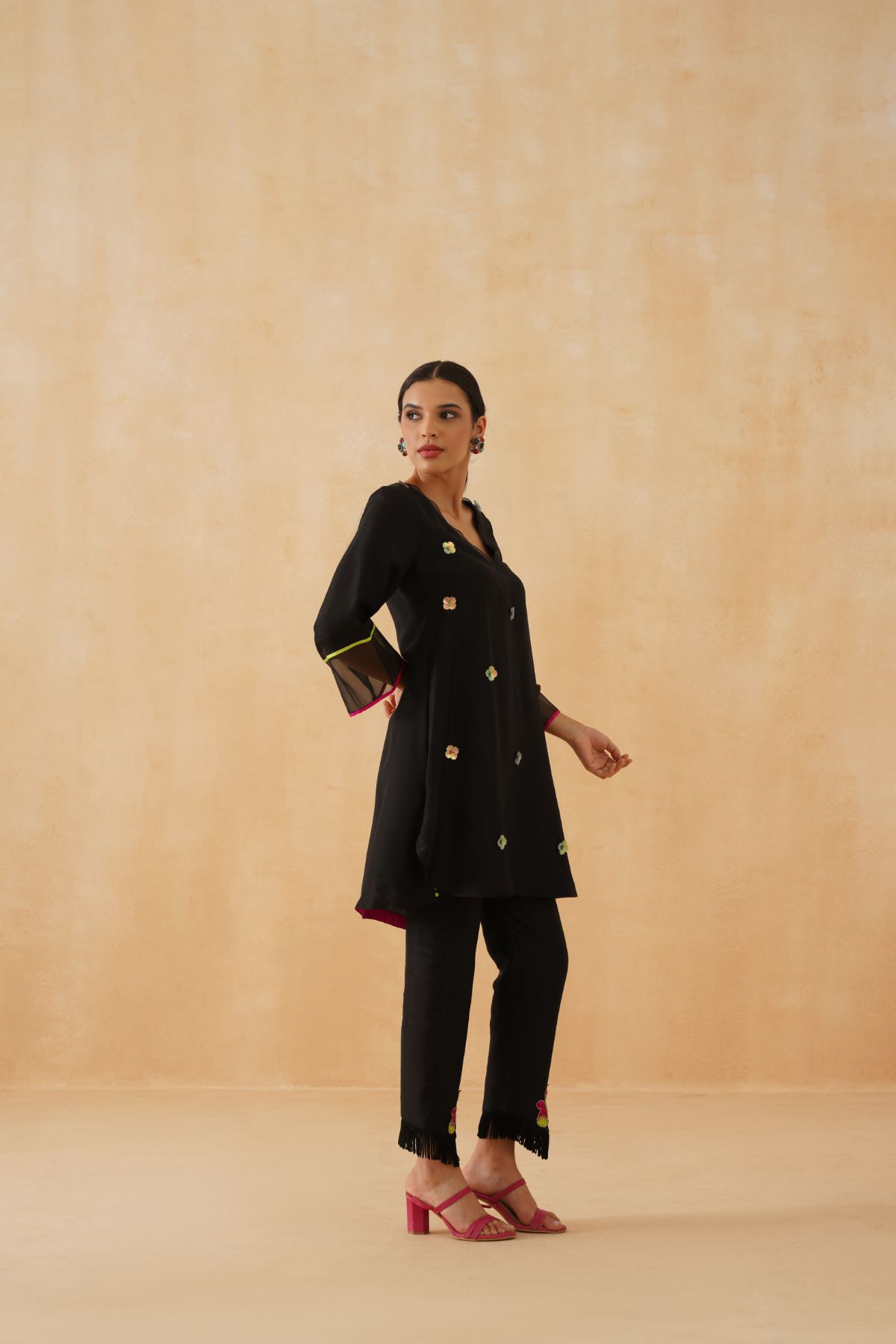 Black Tassel Kurta Set With Bright Patchwork Dupatta