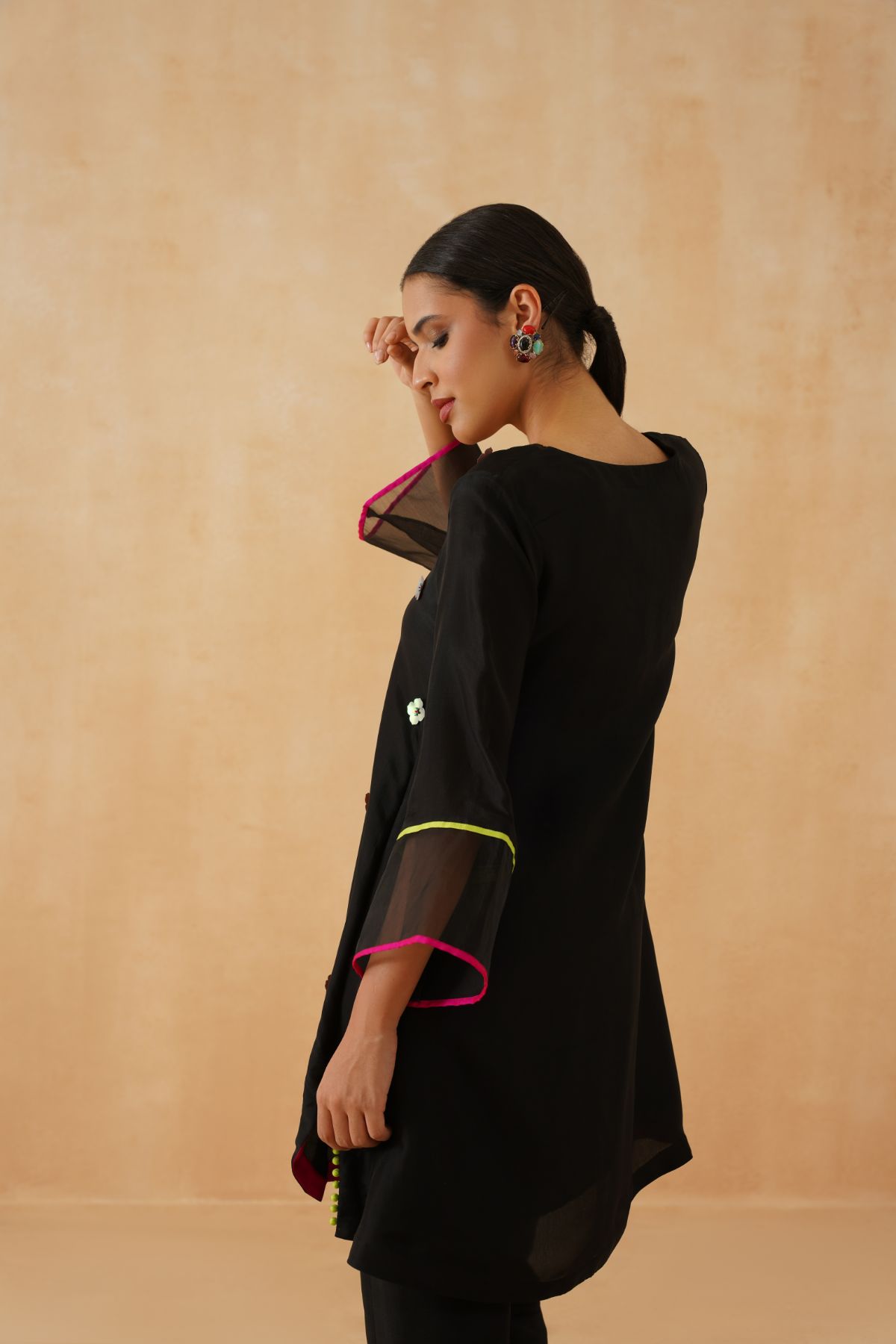 Black Tassel Kurta Set With Bright Patchwork Dupatta