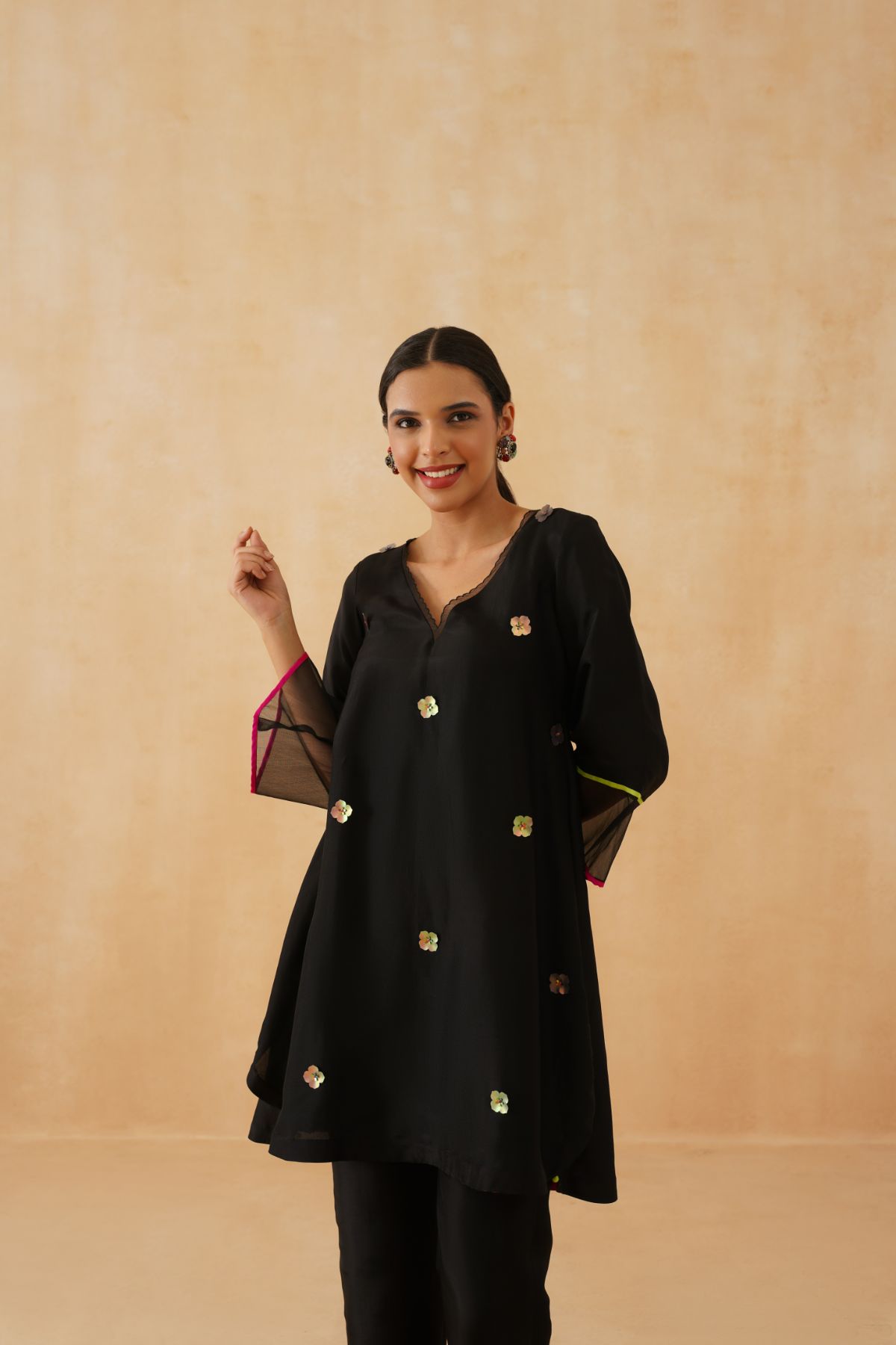 Black Tassel Kurta Set With Bright Patchwork Dupatta