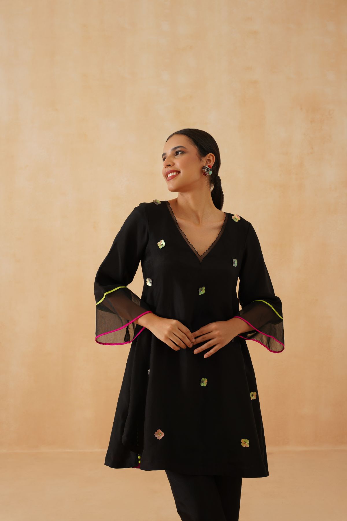 Black Tassel Kurta Set With Bright Patchwork Dupatta
