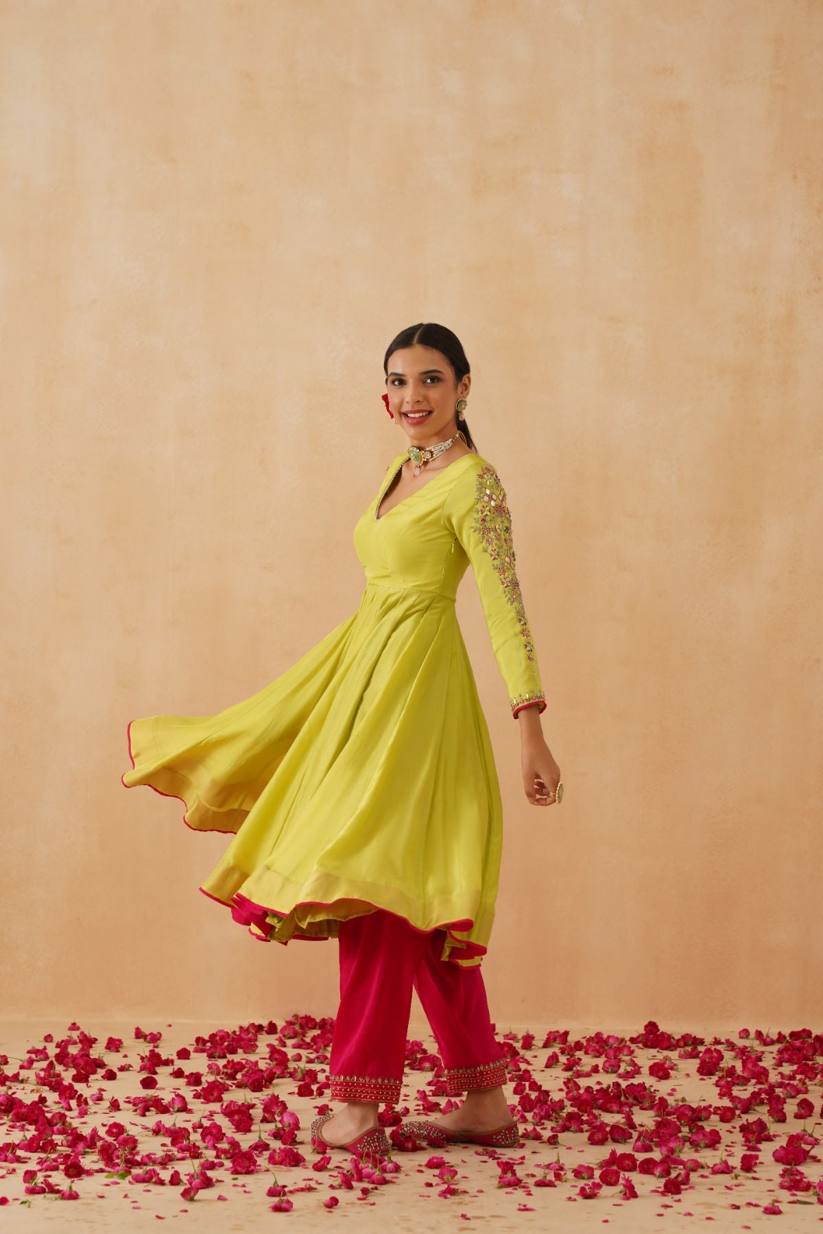 Green  Anarkali With Fuschia Salwar and Mustard Dupatta