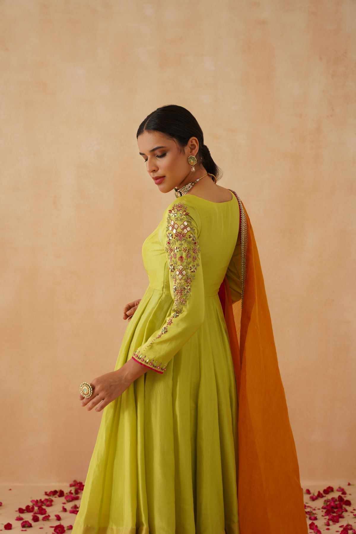 Green  Anarkali With Fuschia Salwar and Mustard Dupatta