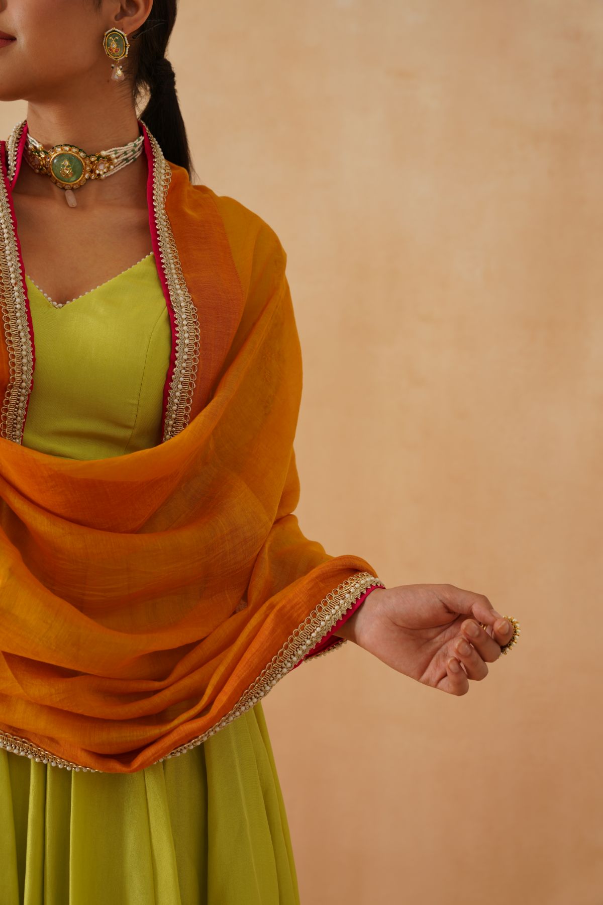 Green  Anarkali With Fuschia Salwar and Mustard Dupatta