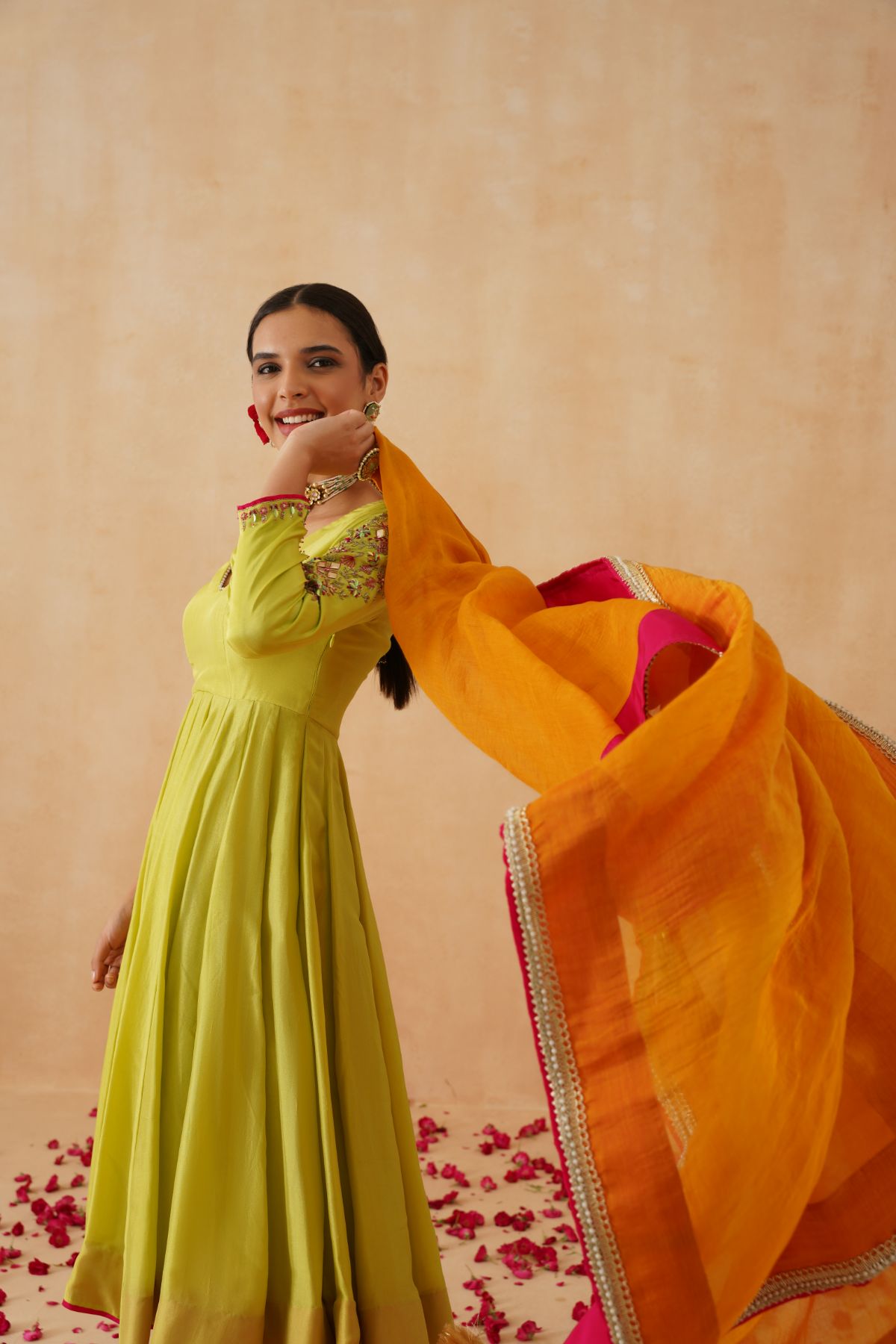 Green  Anarkali With Fuschia Salwar and Mustard Dupatta