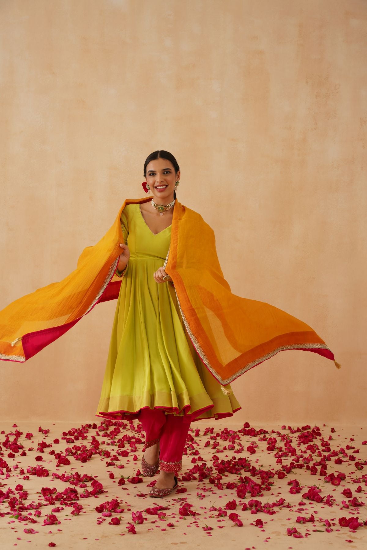 Green  Anarkali With Fuschia Salwar and Mustard Dupatta