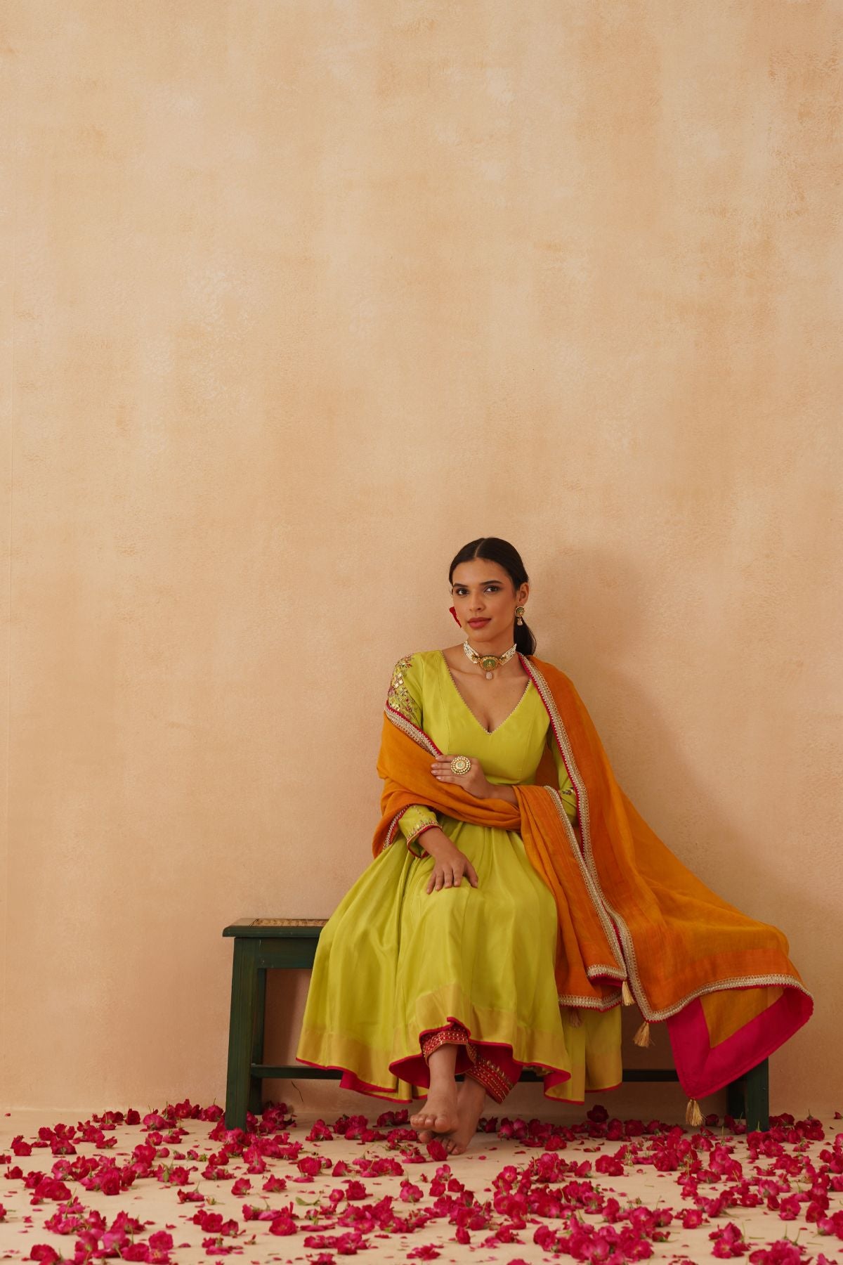 Green  Anarkali With Fuschia Salwar and Mustard Dupatta