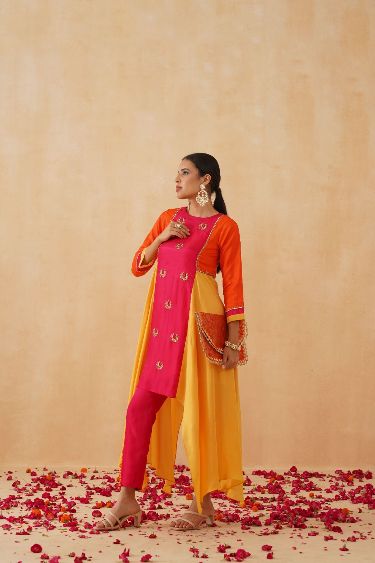 Pink Orange and Yellow Asymmetric Kurta Set