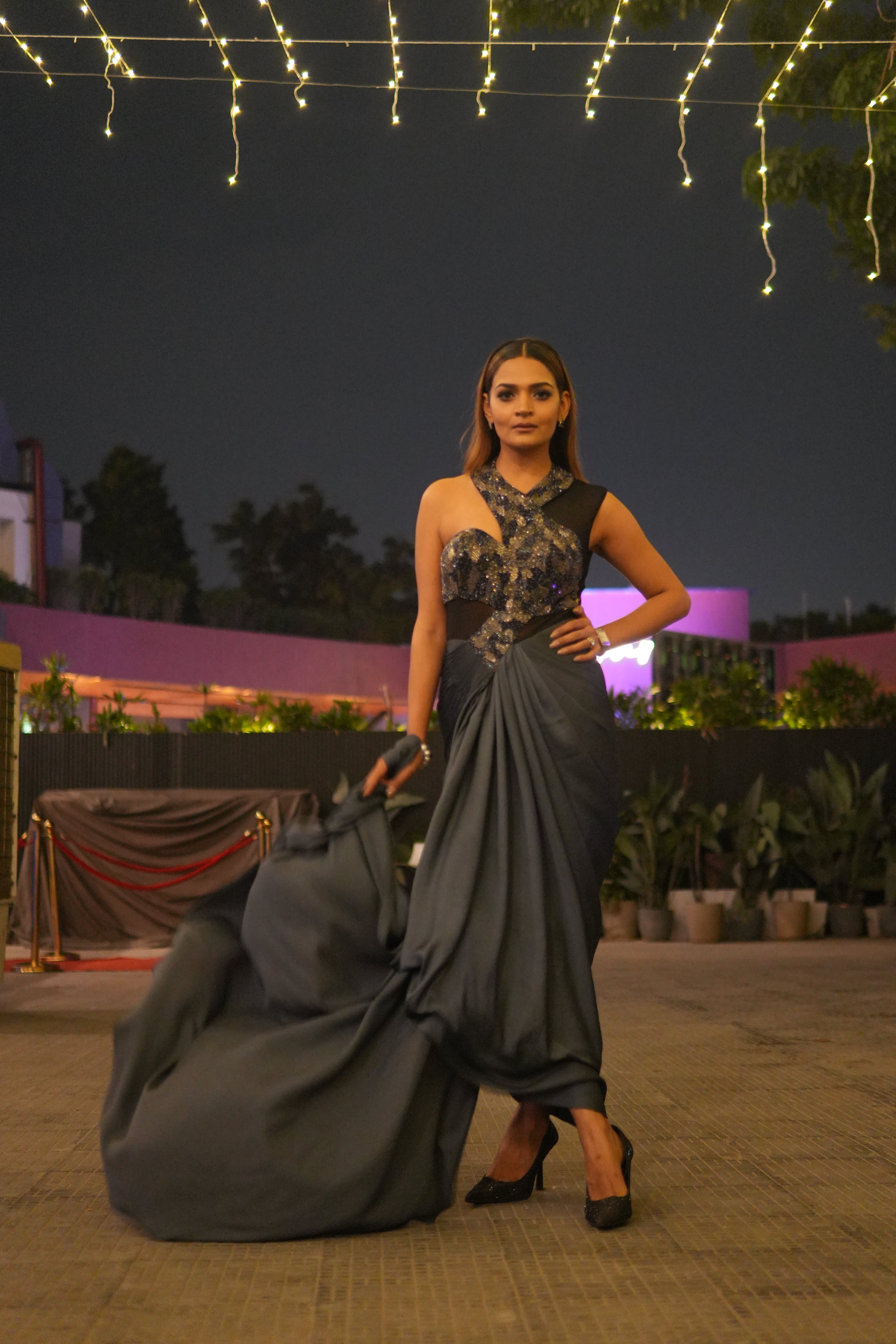 steel grey cocktail gown