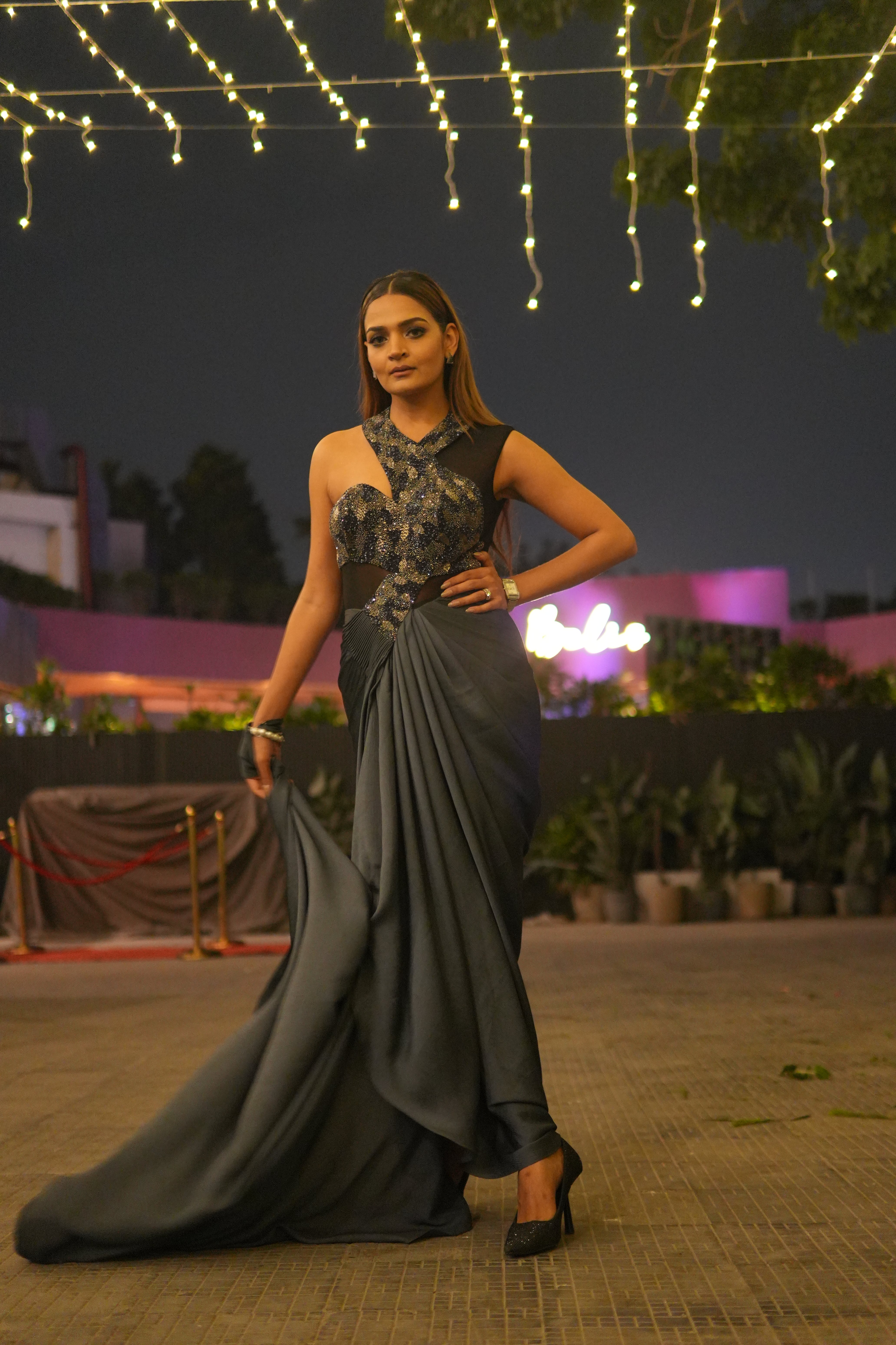 steel grey cocktail gown
