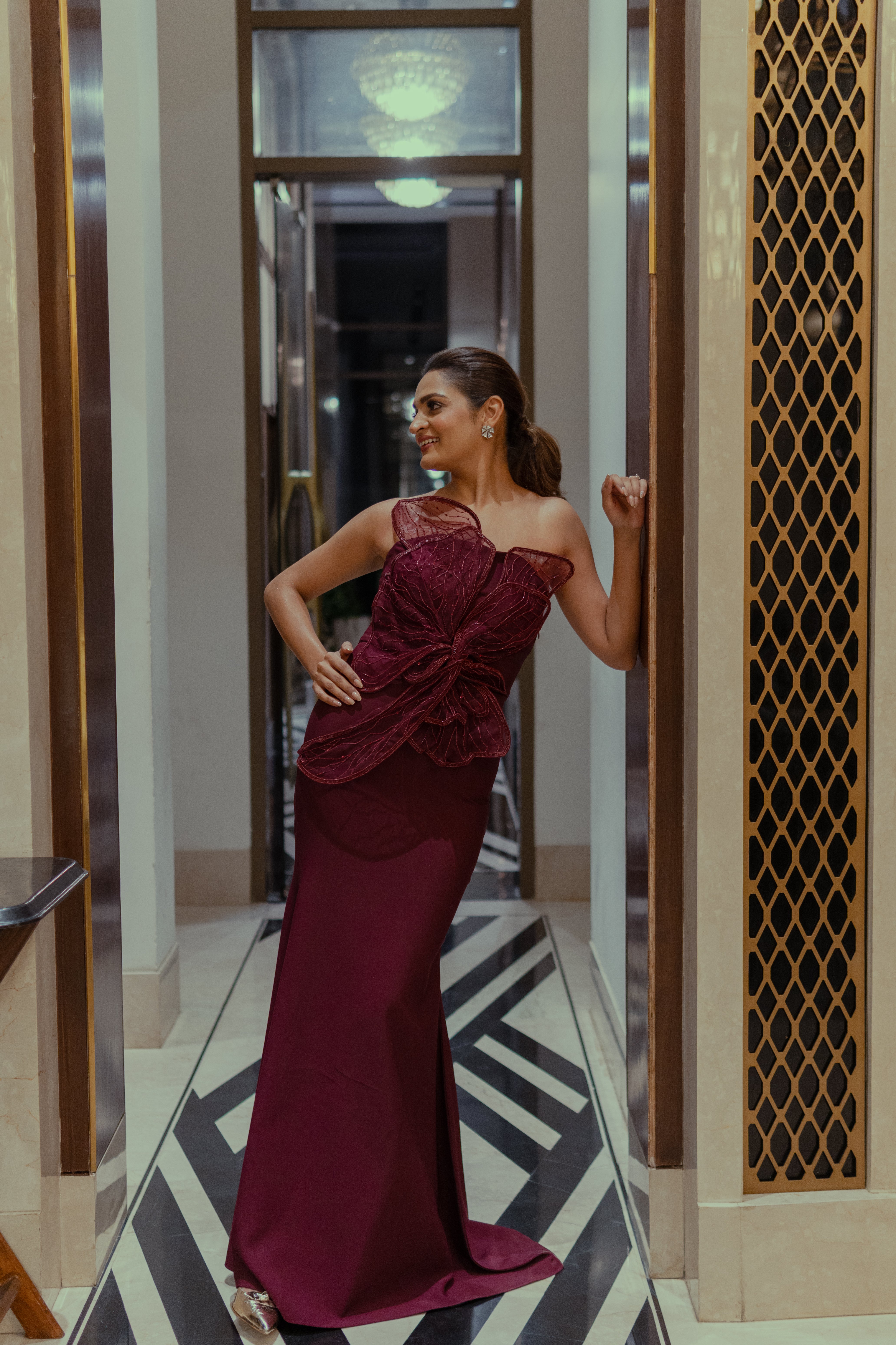 wine gown with 3d flower embroidery