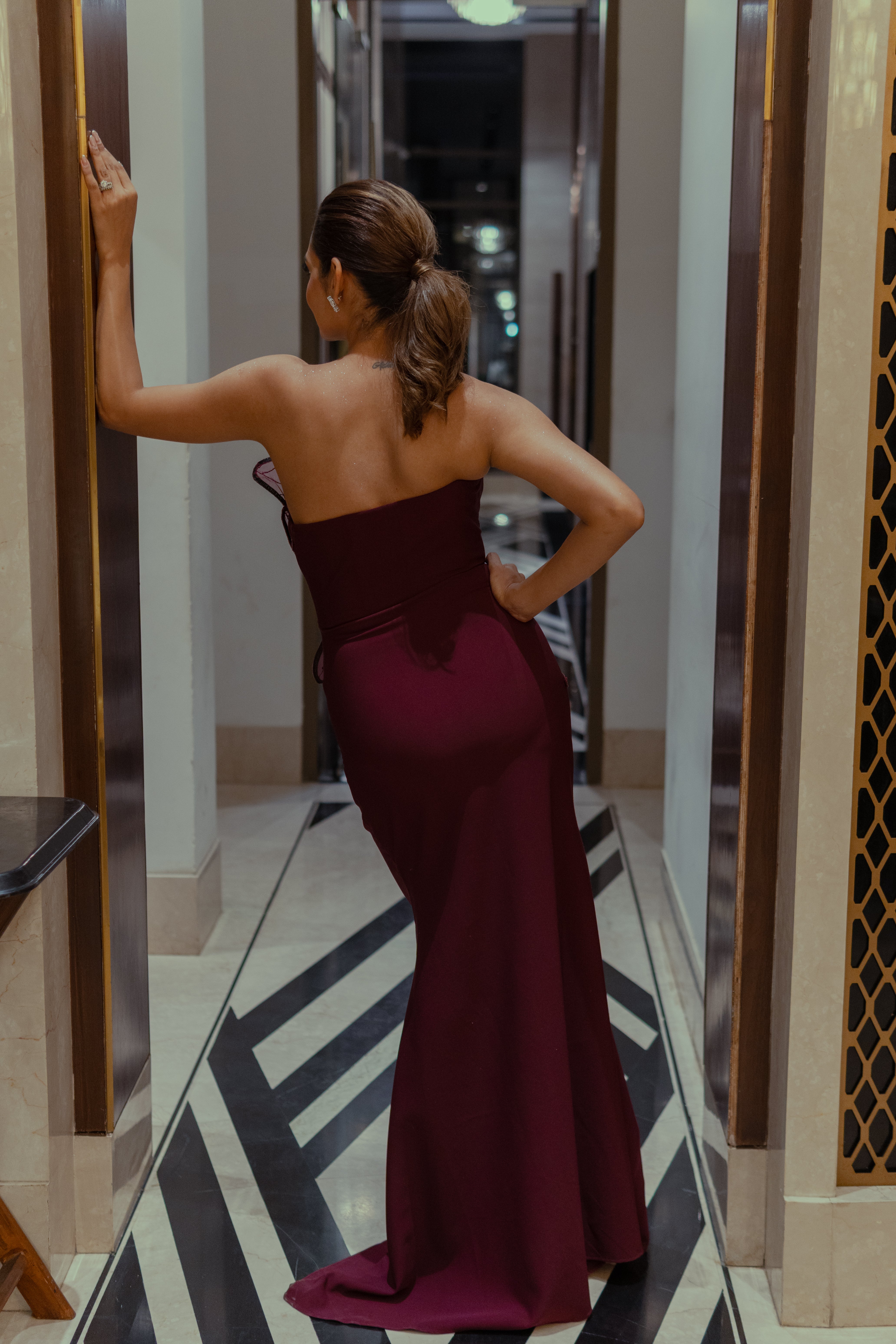 wine gown with 3d flower embroidery
