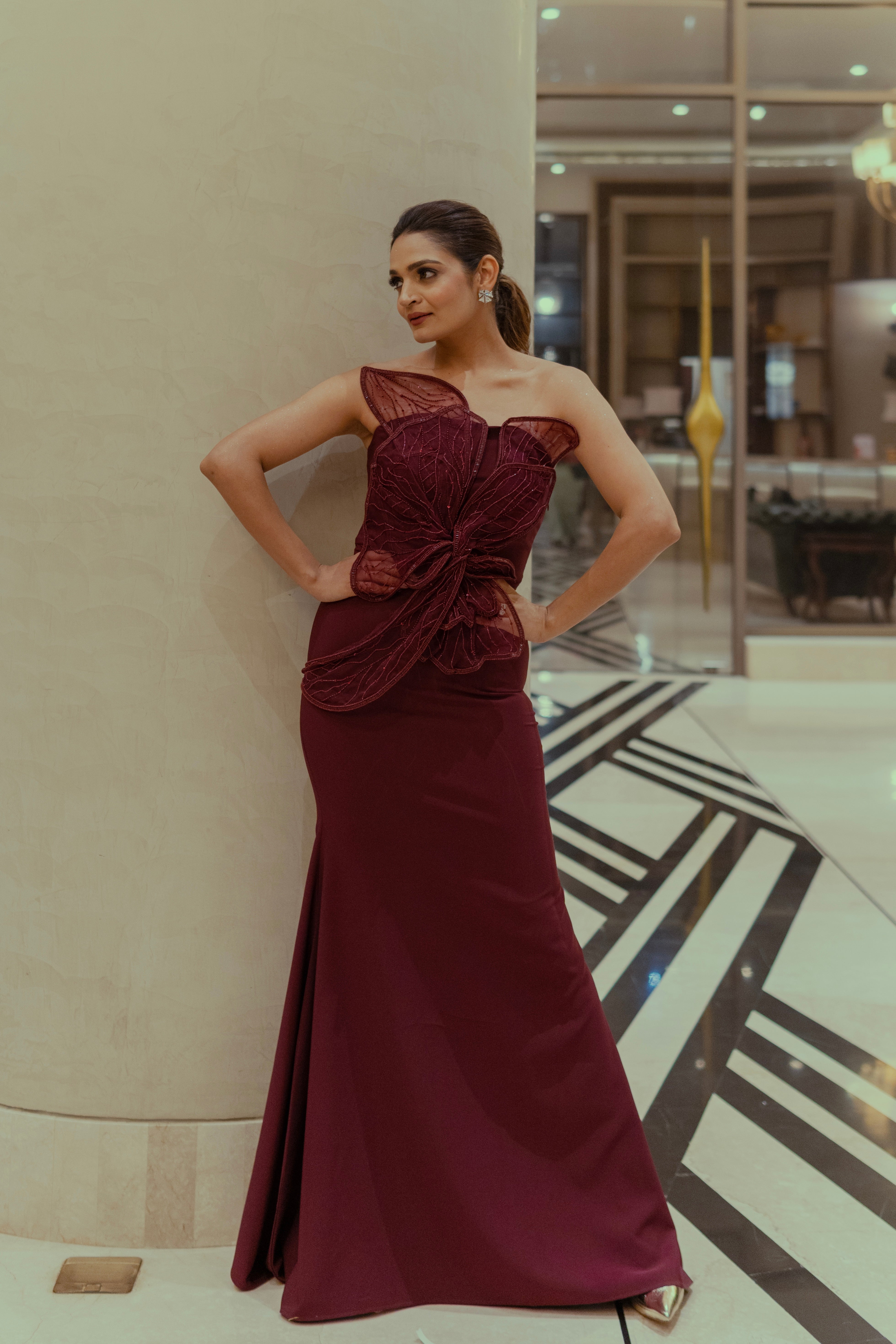 wine gown with 3d flower embroidery