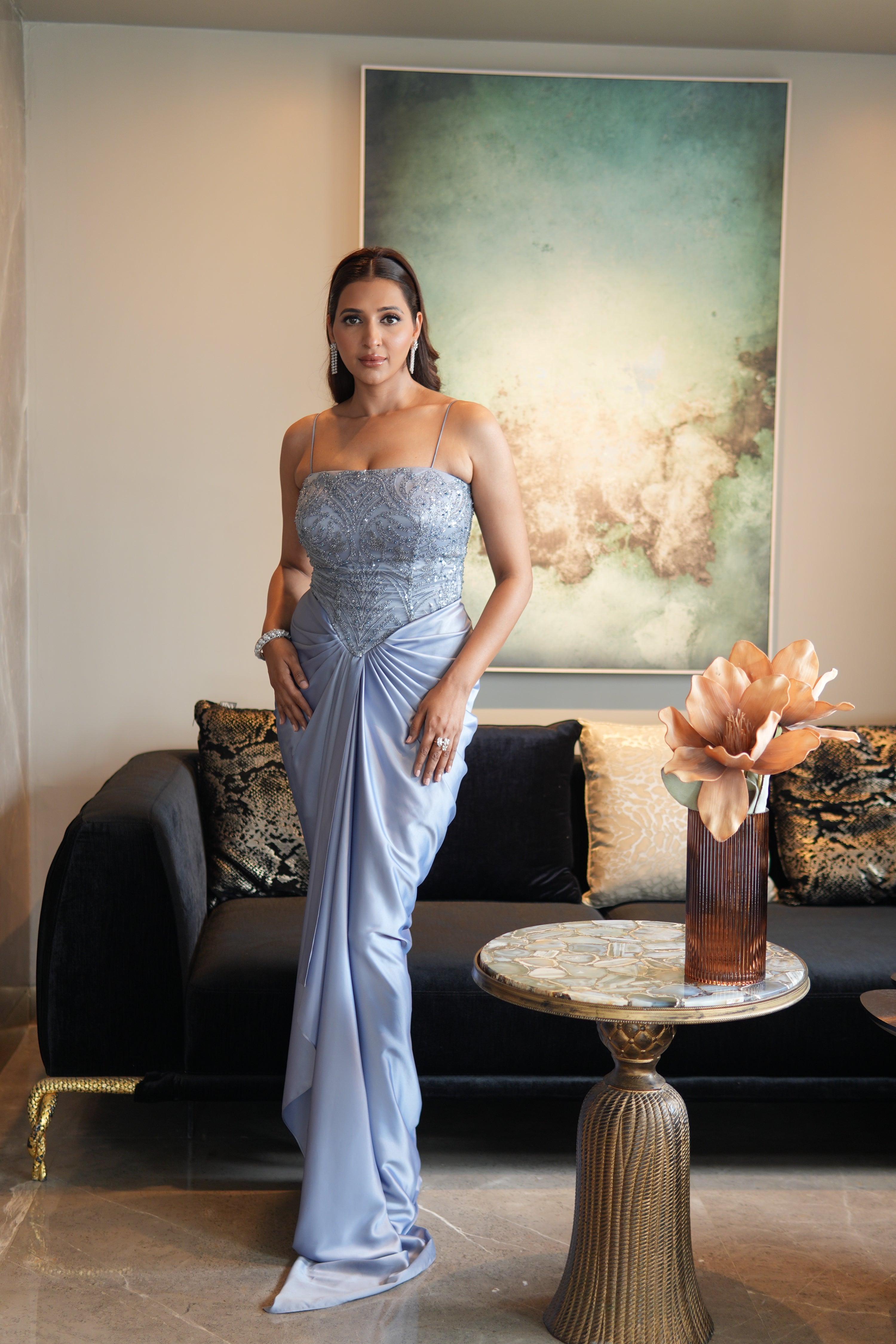Blue corset drape