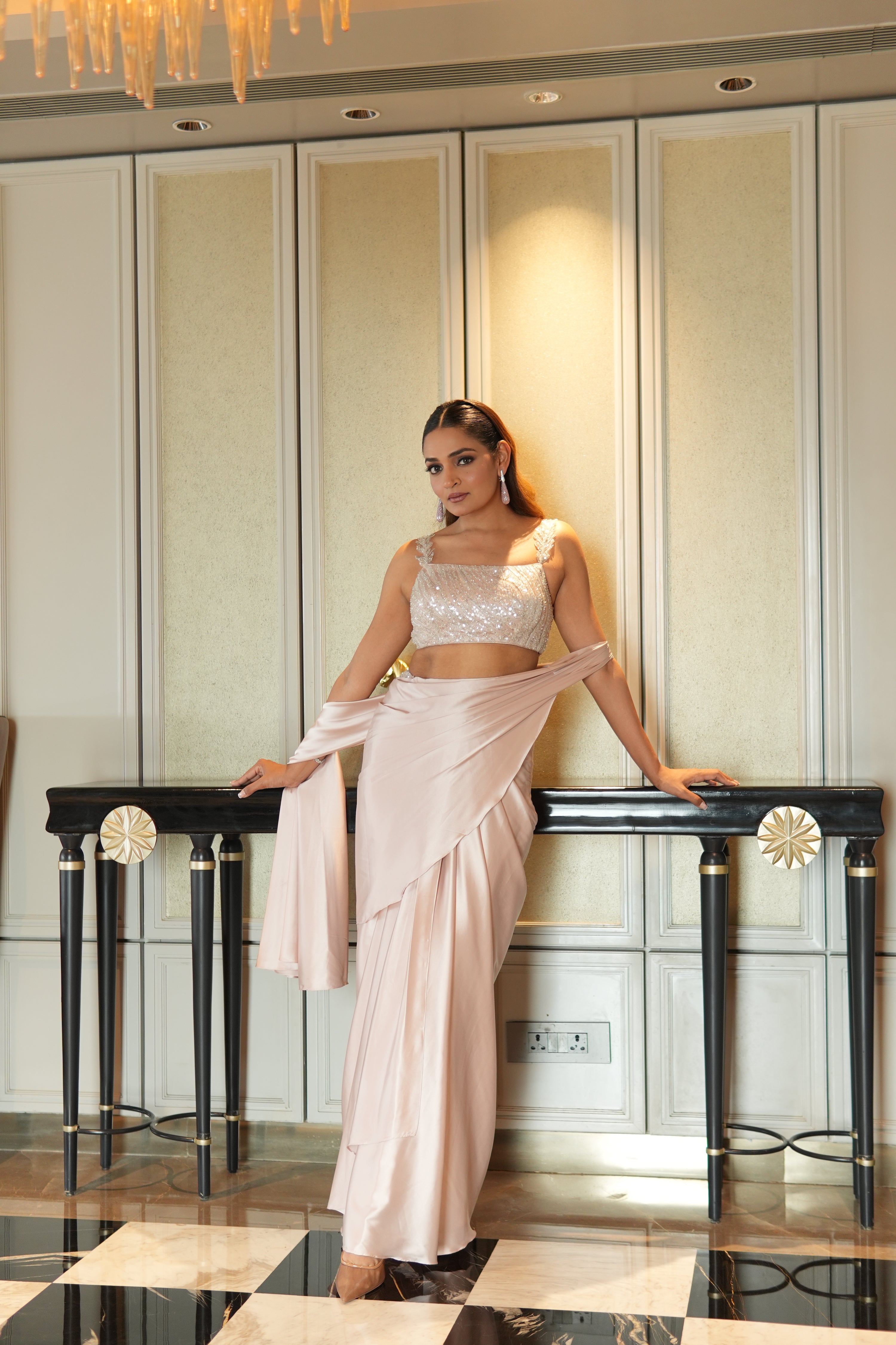 Champagne pink Draped Saree