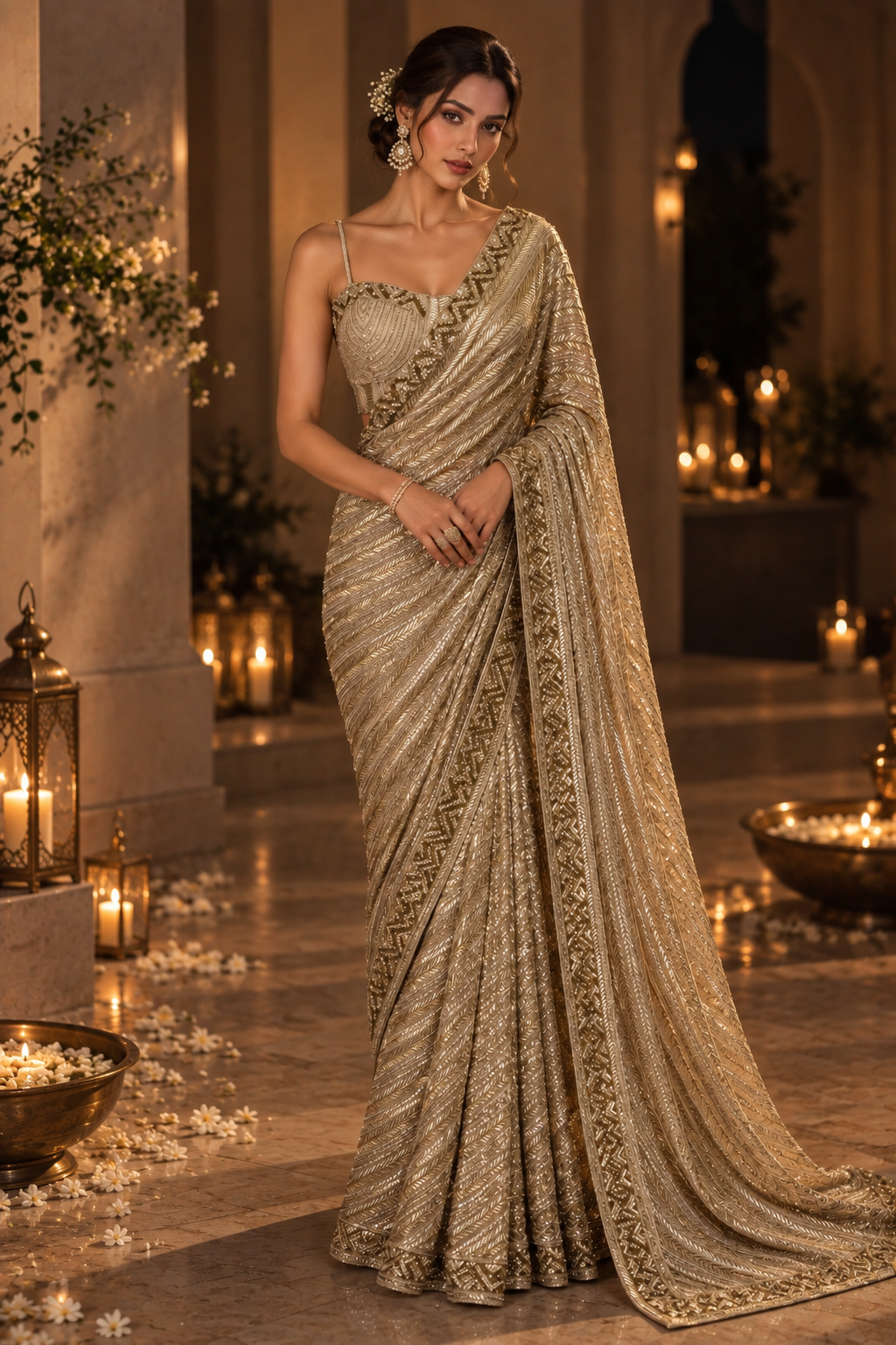 Hand embroidered 6 yard gold saree with corset