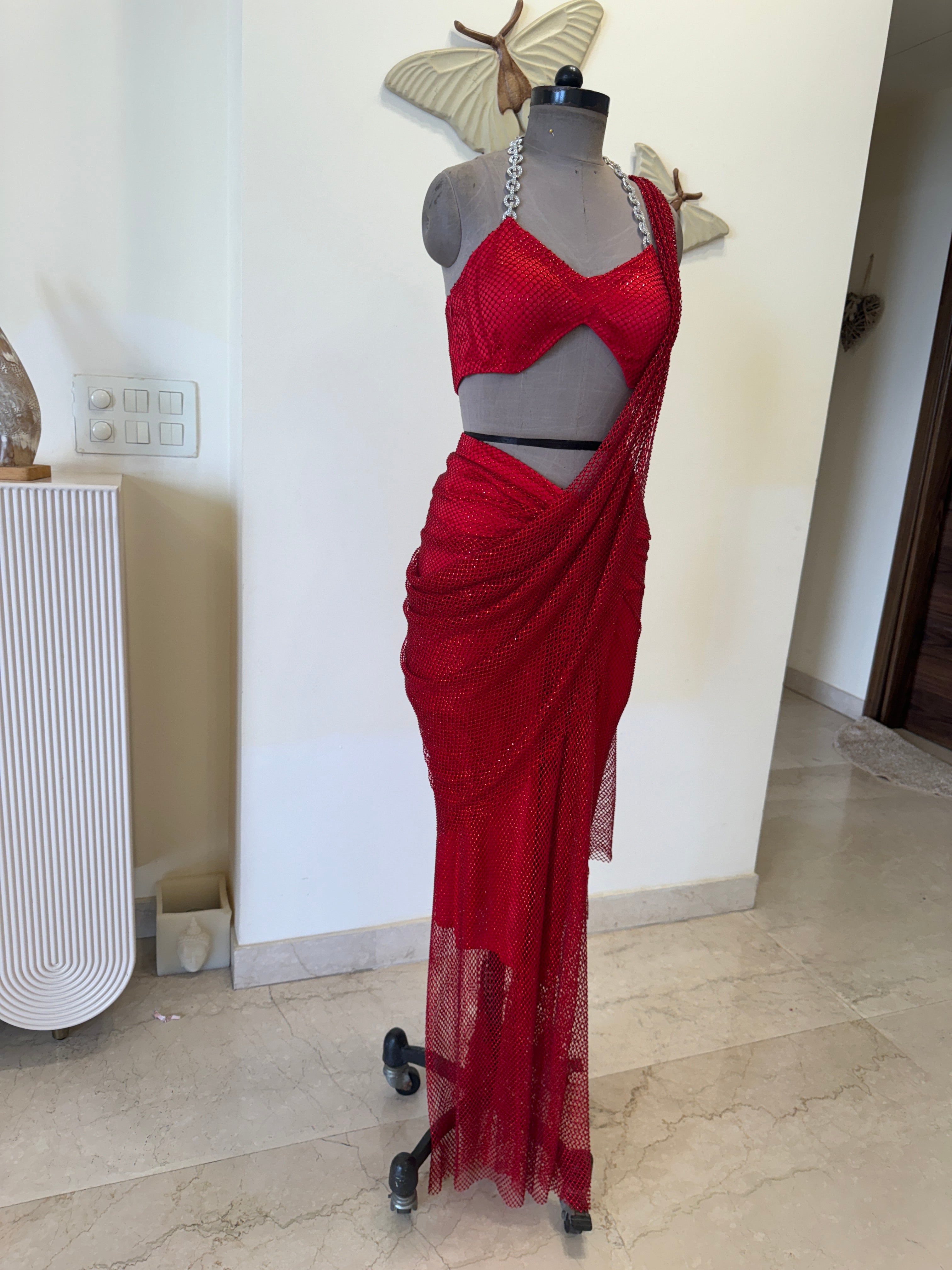 Red Rhinestone Draped Saree