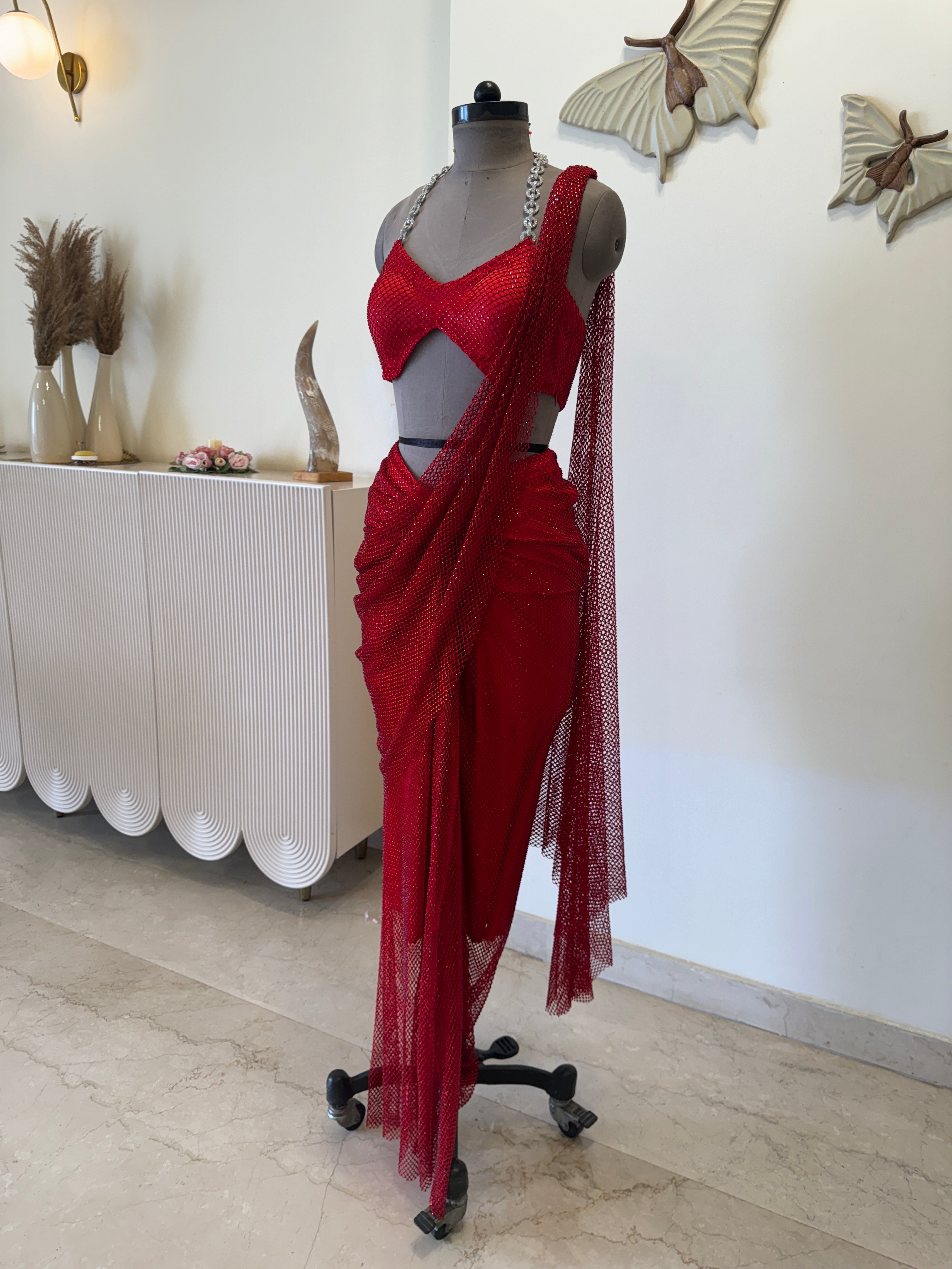 Red Rhinestone Draped Saree