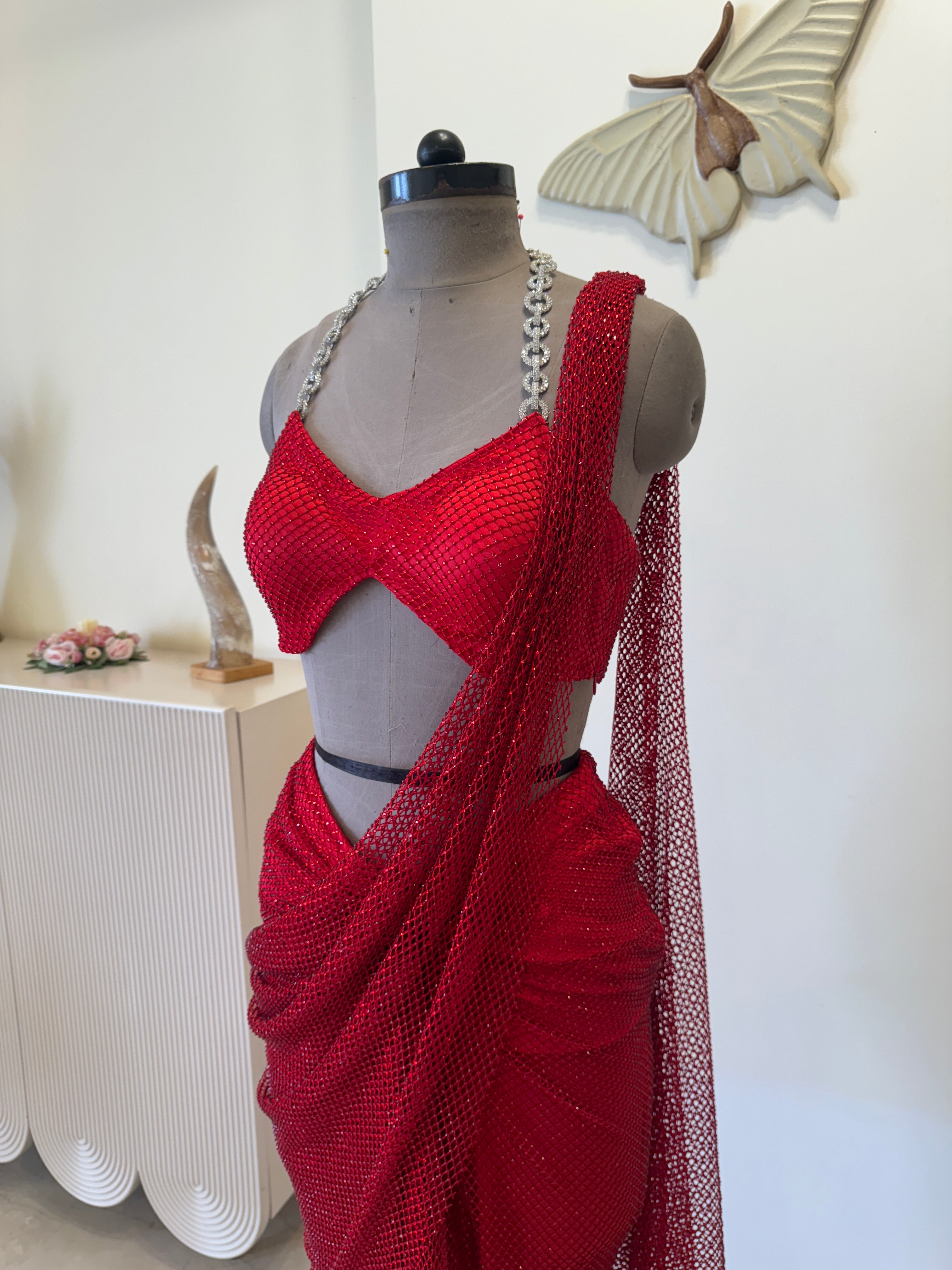 Red Rhinestone Draped Saree