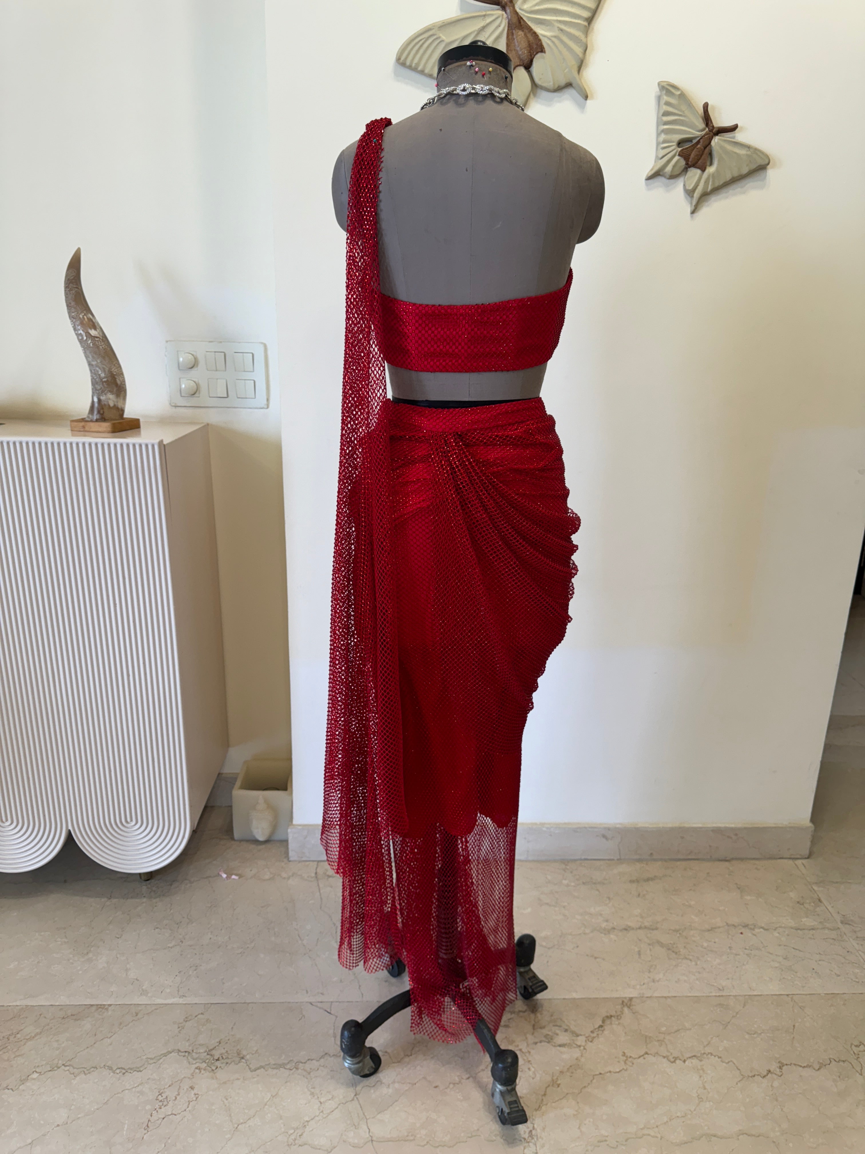 Red Rhinestone Draped Saree