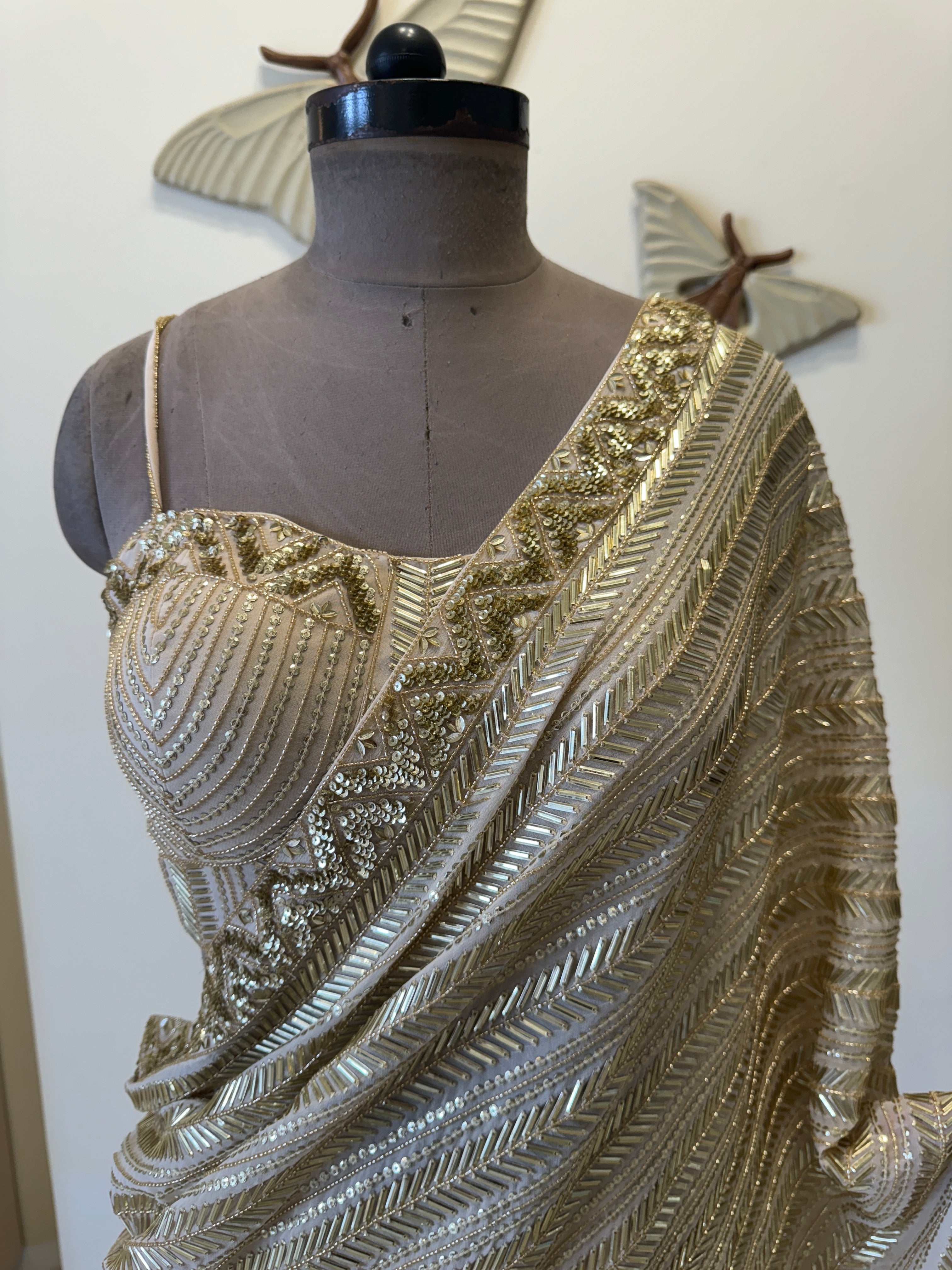 Hand embroidered 6 yard gold saree with corset