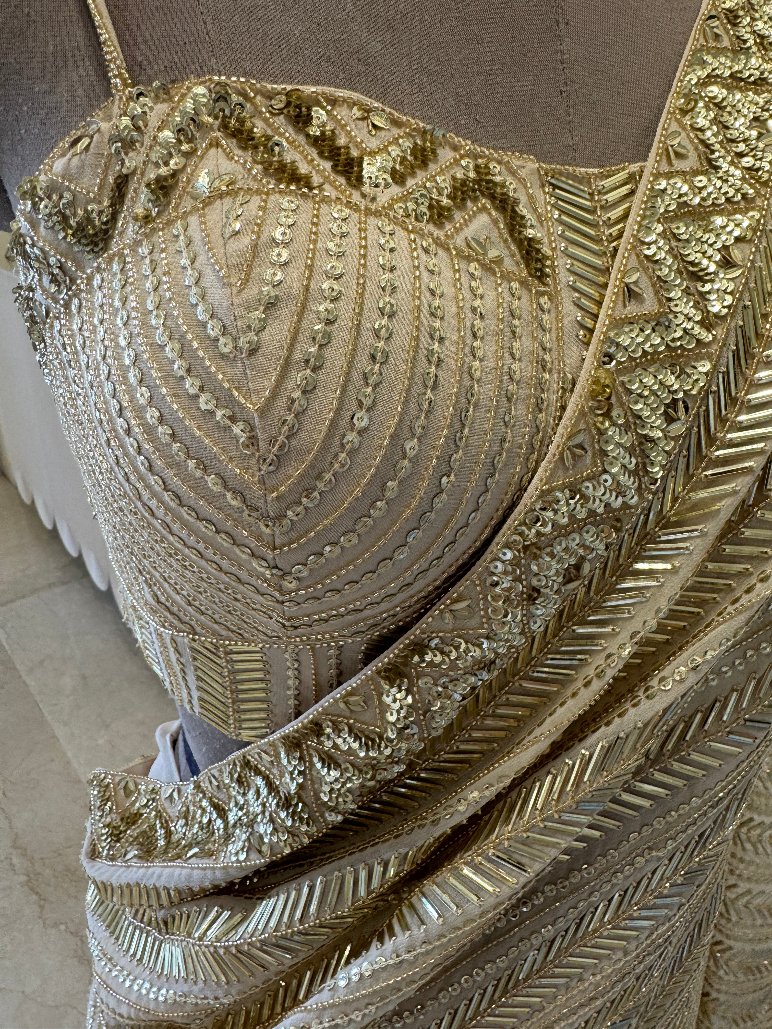 Hand embroidered 6 yard gold saree with corset