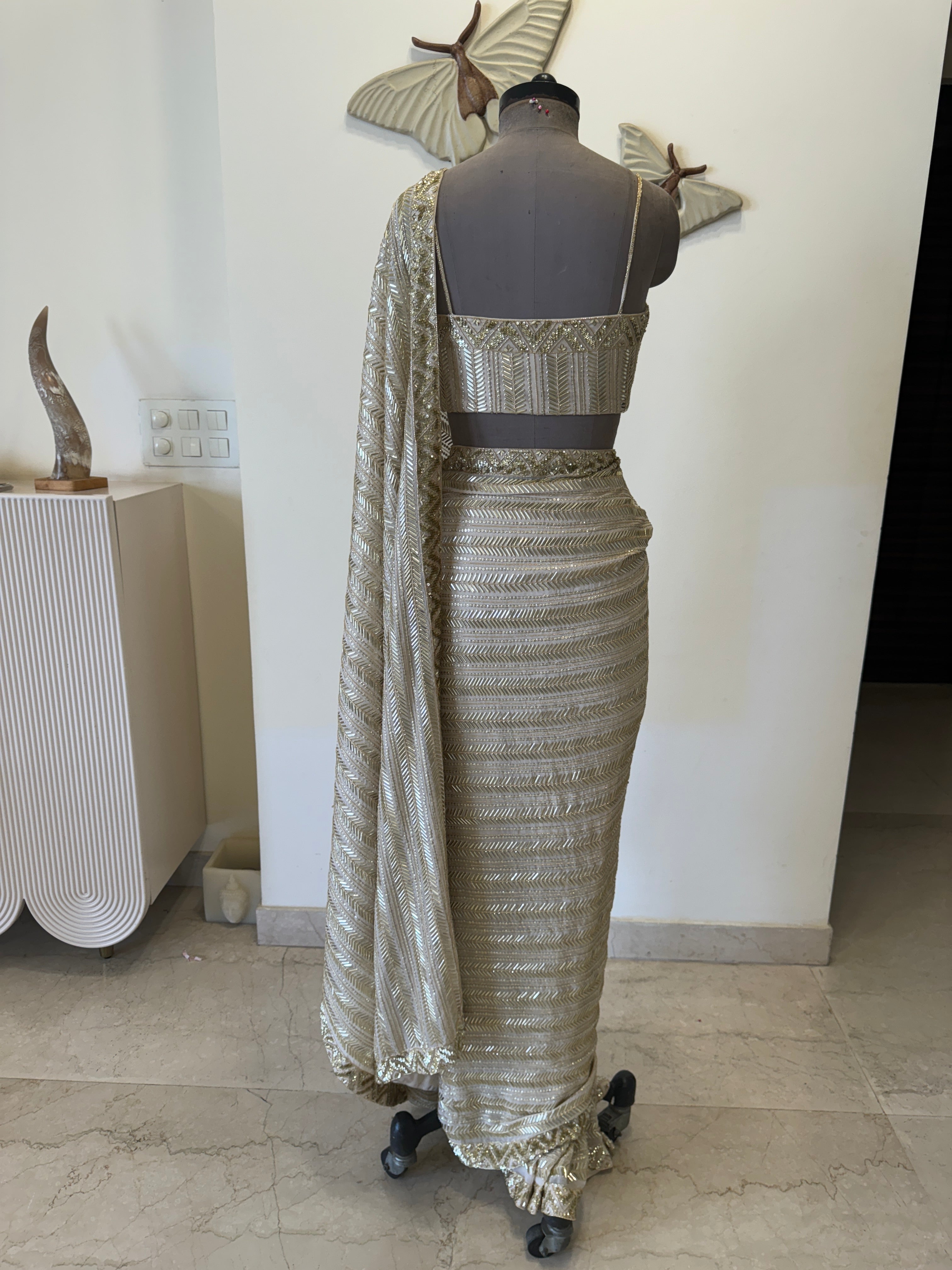 Hand embroidered 6 yard gold saree with corset